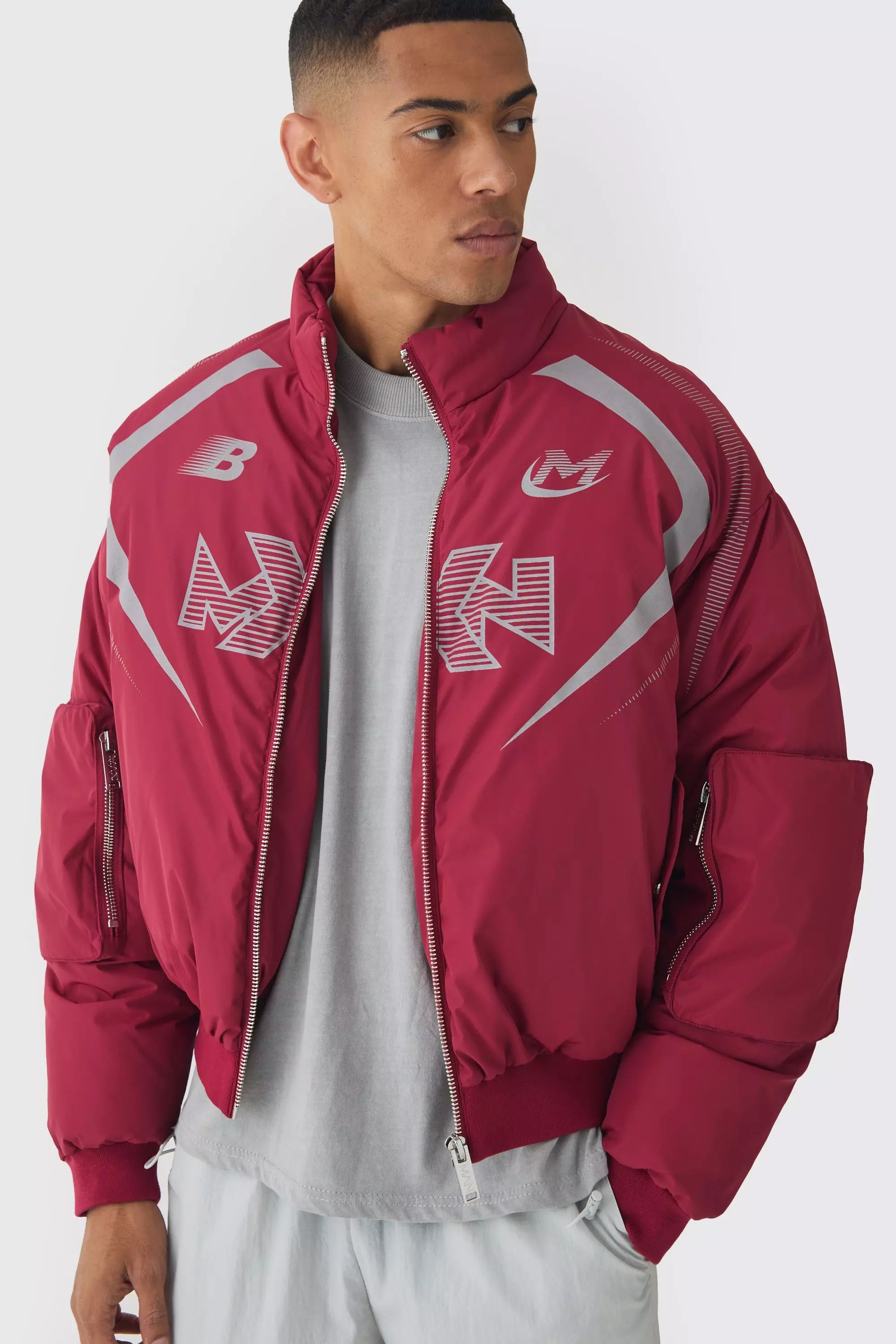 Oversized Boxy Moto Puffer Bomber Jacket Burgundy