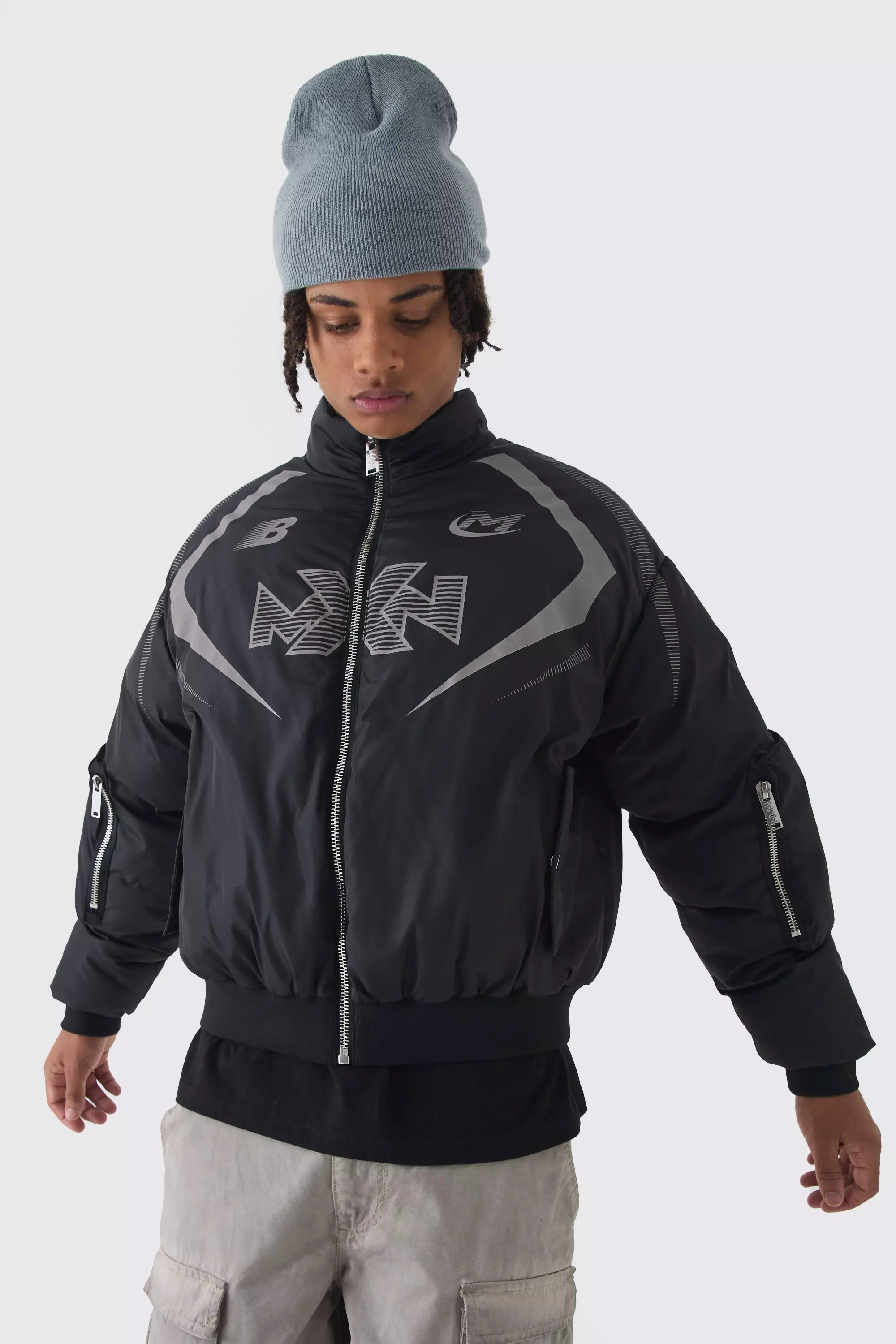 Oversized Boxy Moto Puffer Bomber Jacket Black