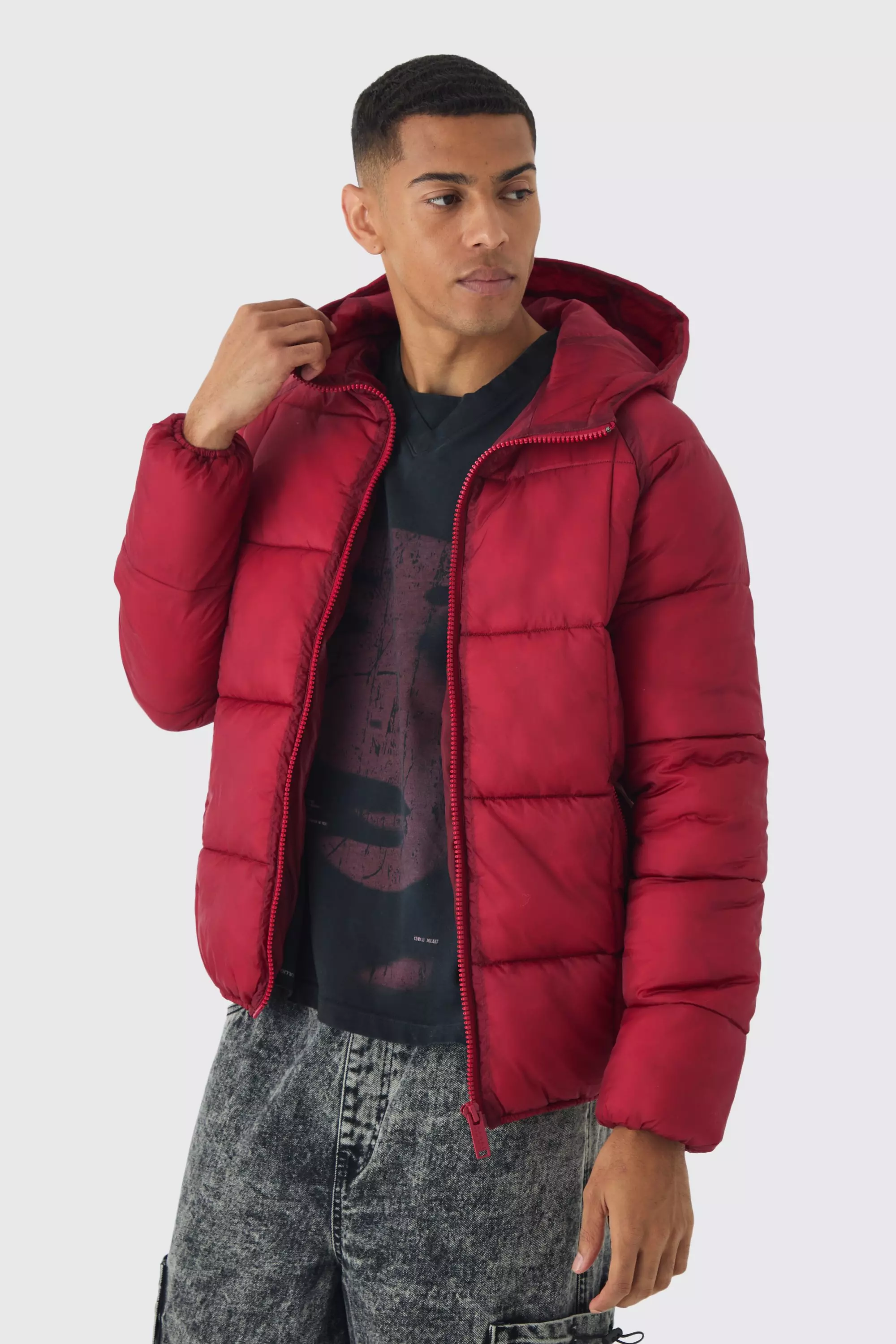 Washed Seam Hooded Puffer Jacket In Burgundy Burgundy