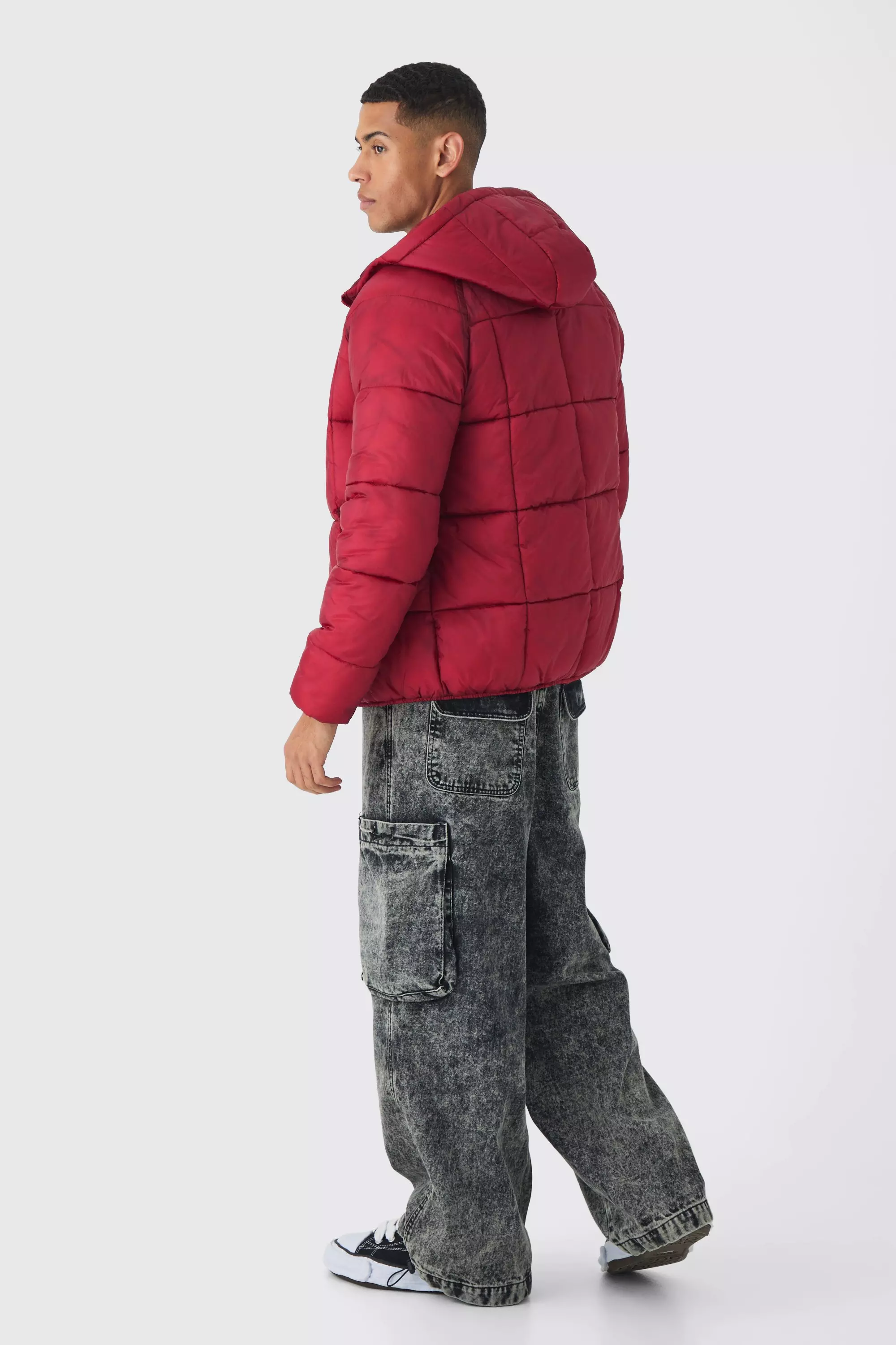 Washed Seam Hooded Puffer Jacket In Burgundy alternative image