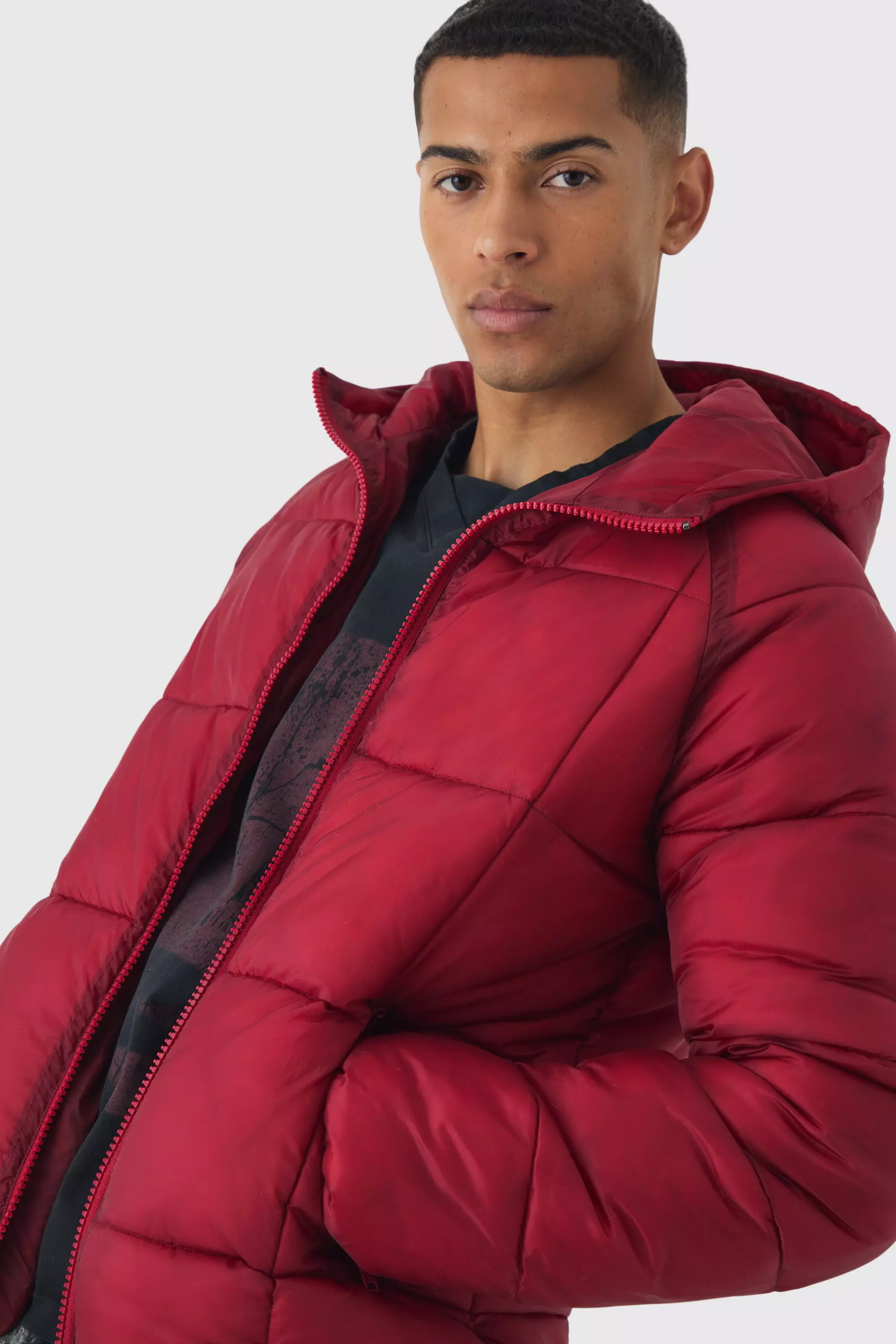 Washed Seam Hooded Puffer Jacket In Burgundy alternative image