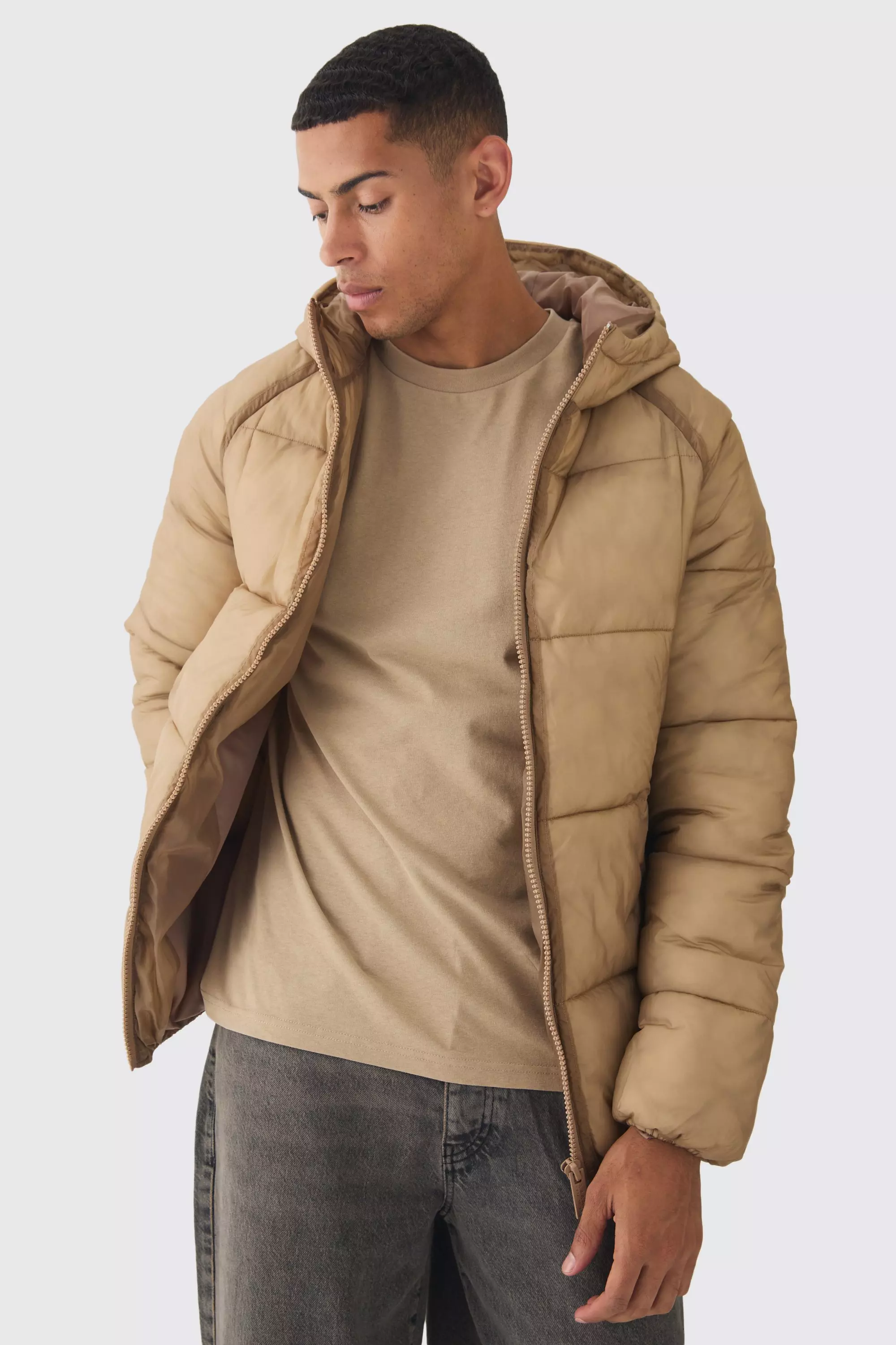 Beige Washed Seam Hooded Puffer Jacket In Camel