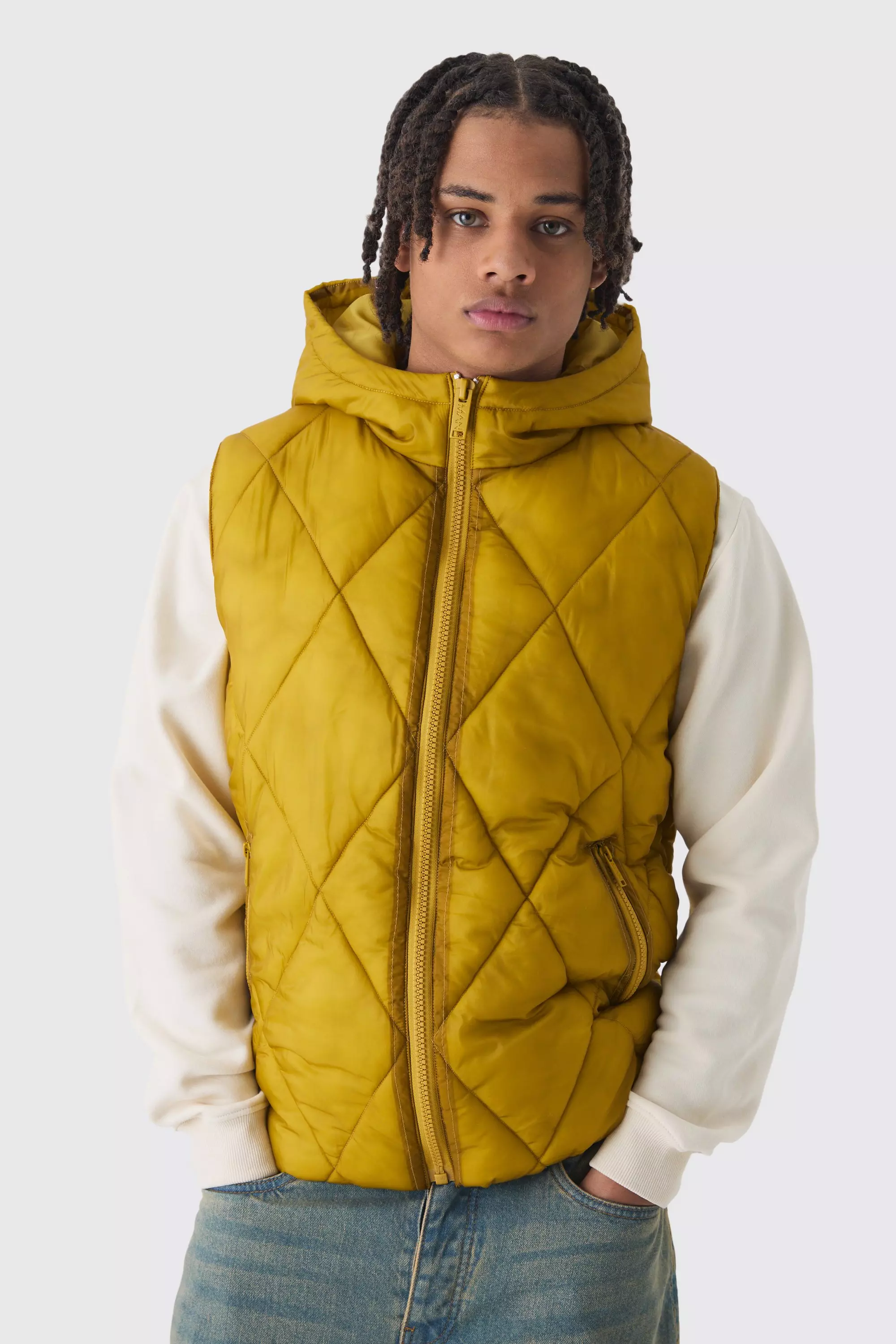Washed Seam Hooded Quilted Gilet In Yellow alternative image