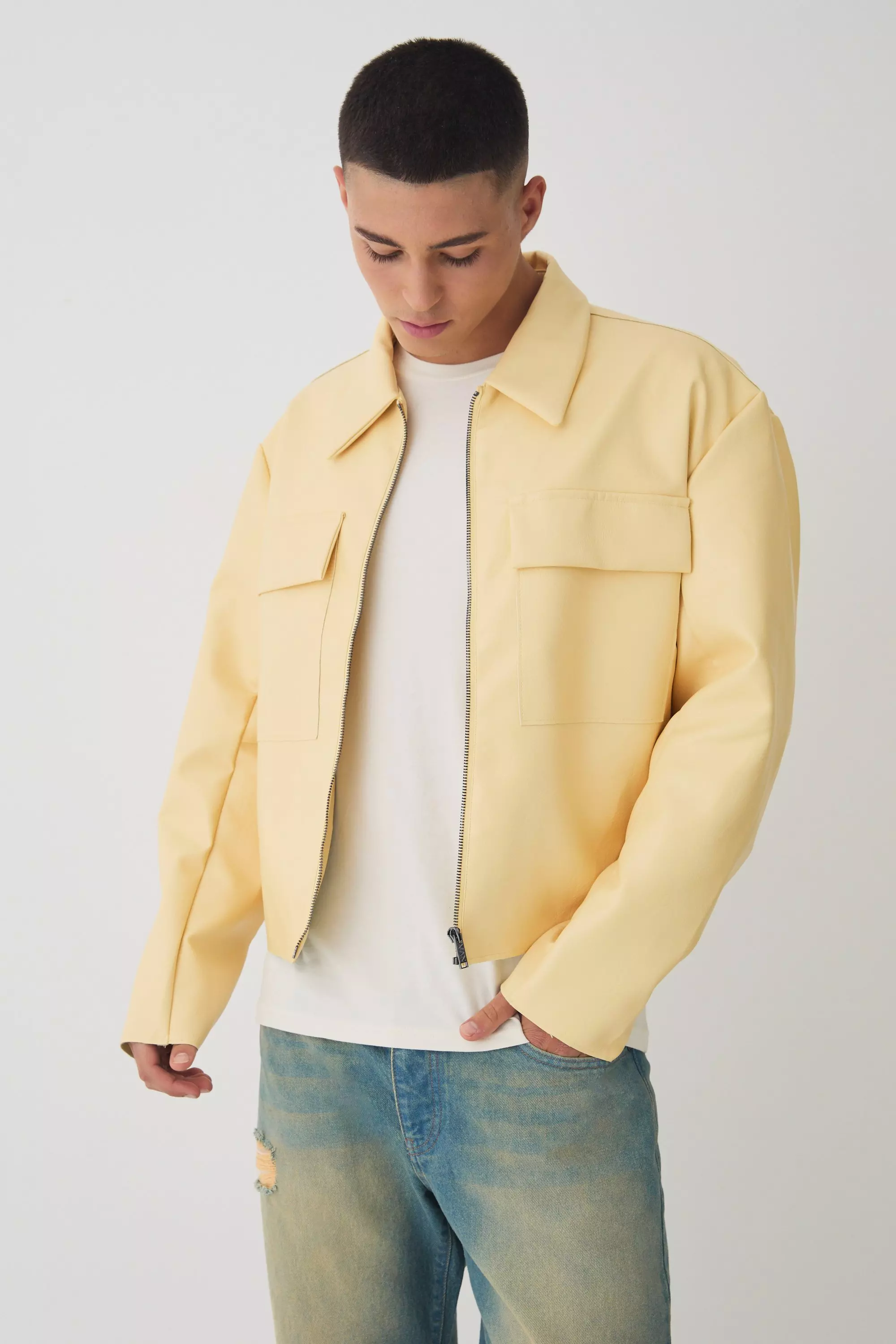 Yellow Boxy Collared PU Harrington Jacket With Raw Edge In Yellow