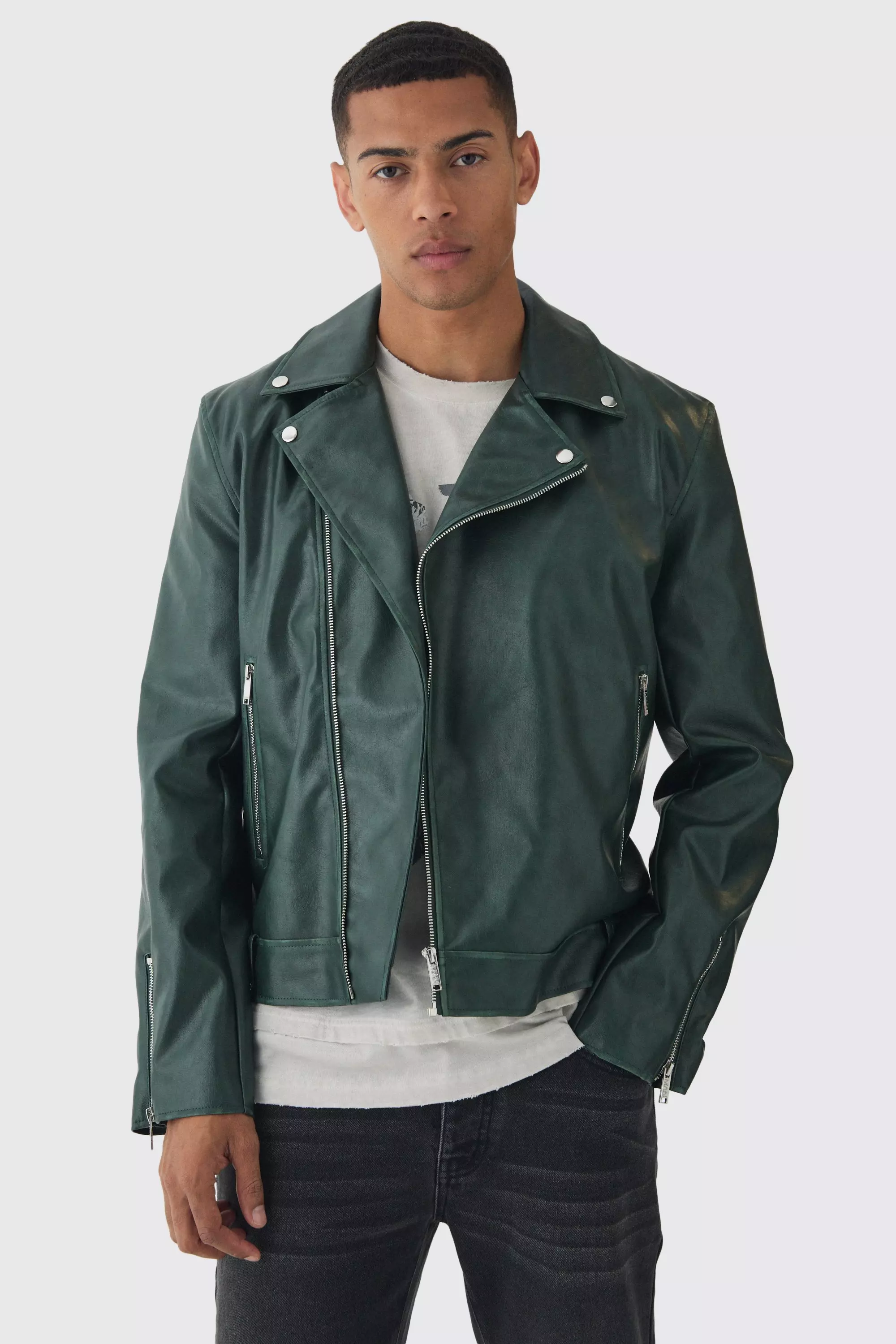 Washed Pu Biker Jacket In Green Green