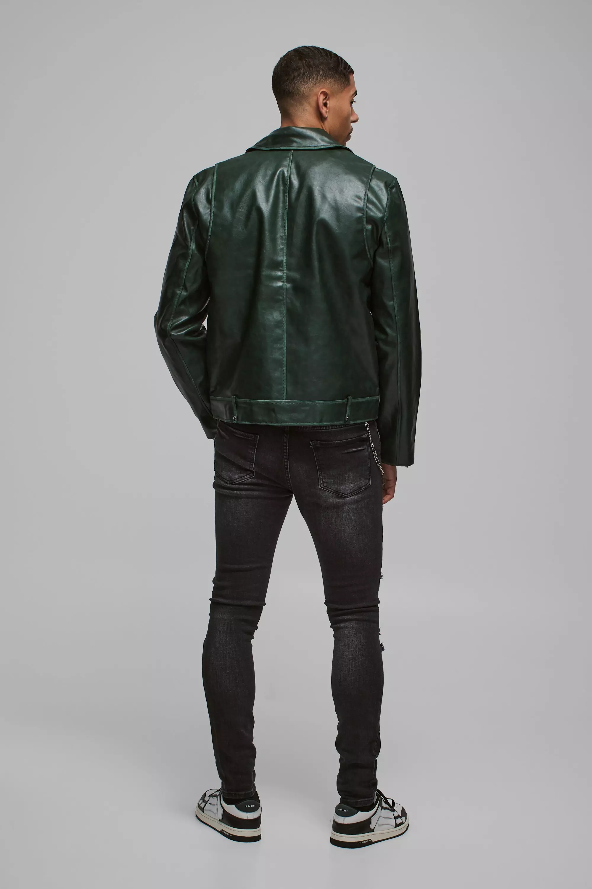 Washed Pu Biker Jacket In Green | boohooMAN USA