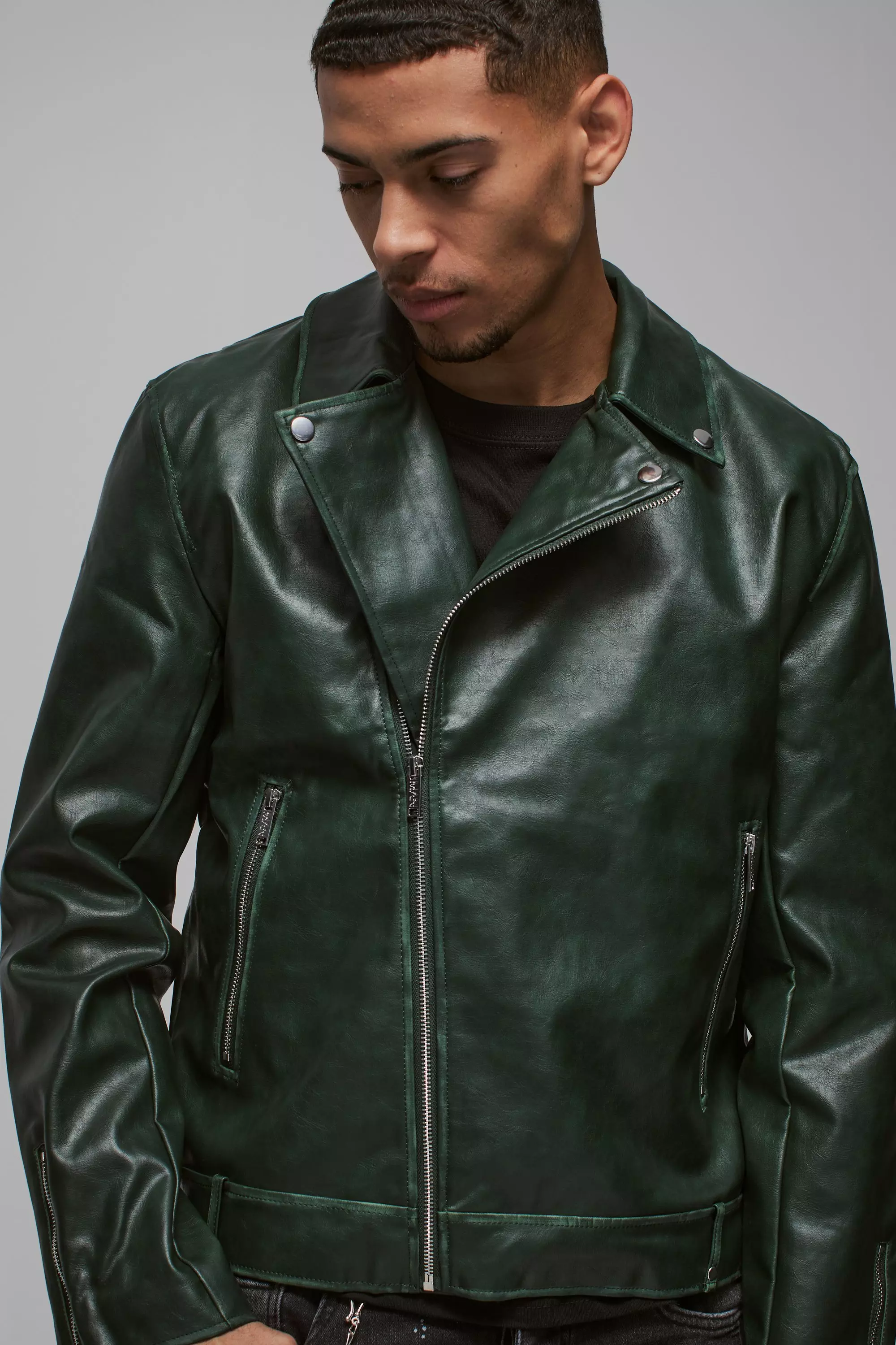 Washed Pu Biker Jacket In Green | boohooMAN USA
