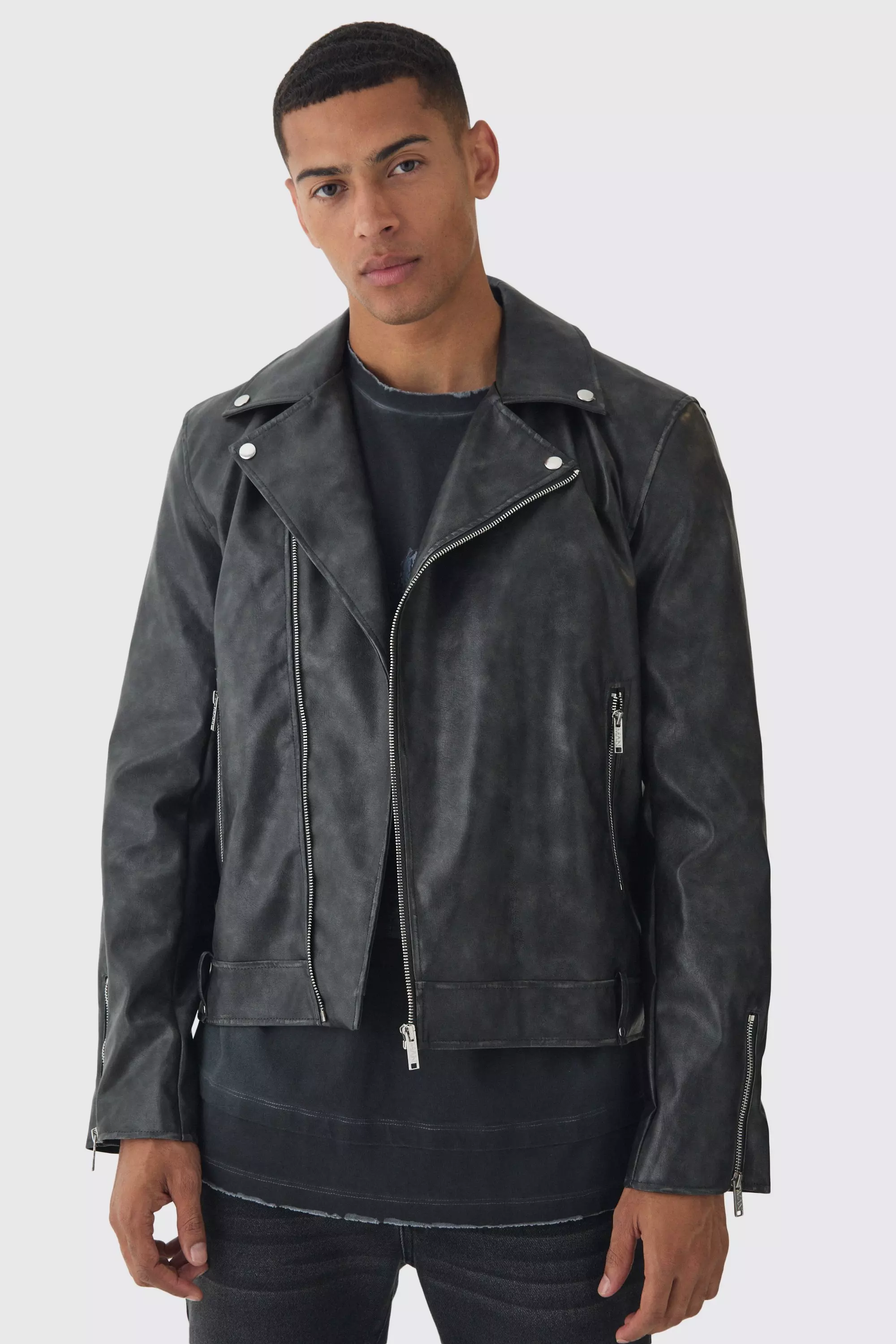 Washed Pu Biker Jacket In Black Black