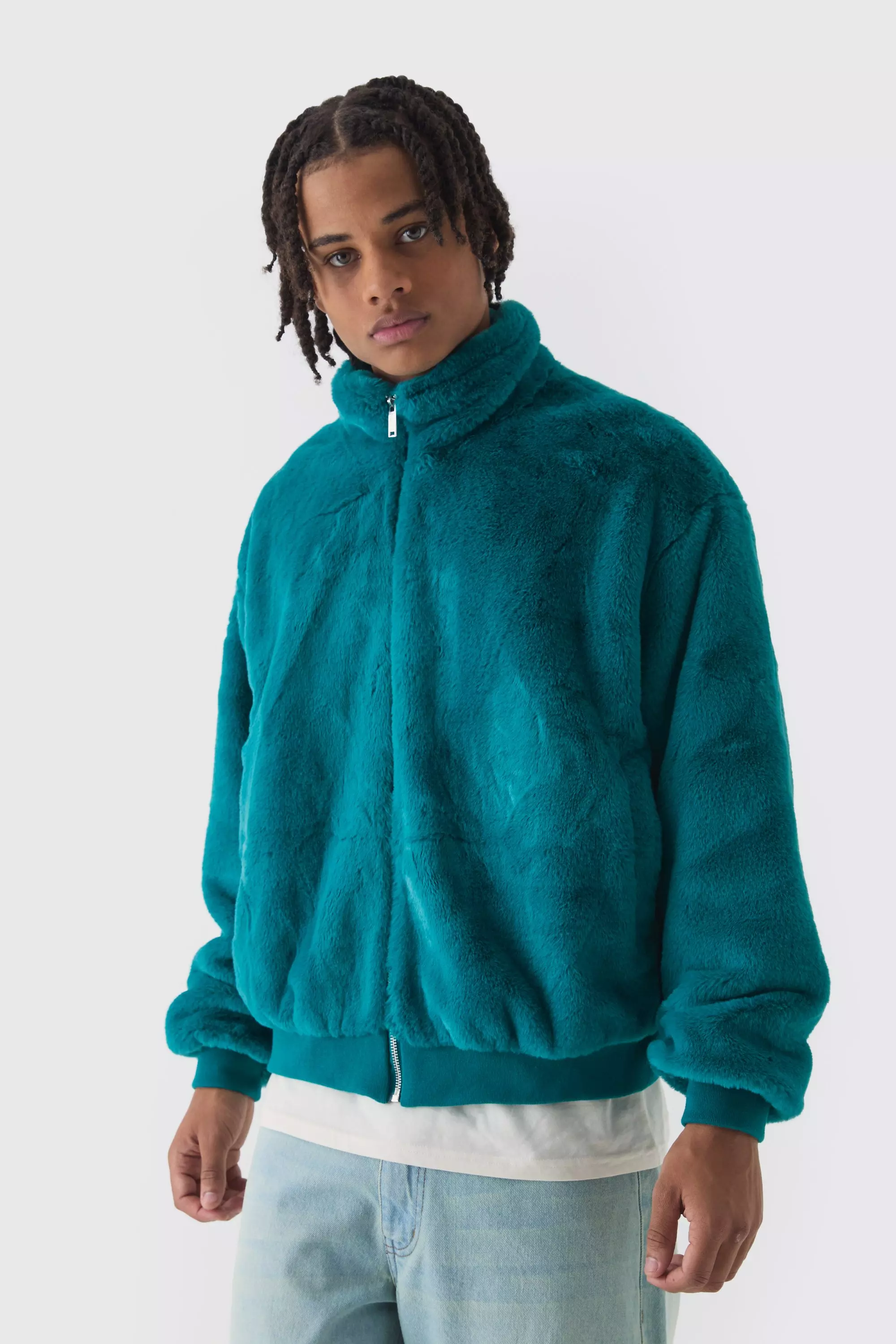 Blaugrüne Kunstfell-Bomberjacke mit Trichterkragen, Teal alternatives Bild