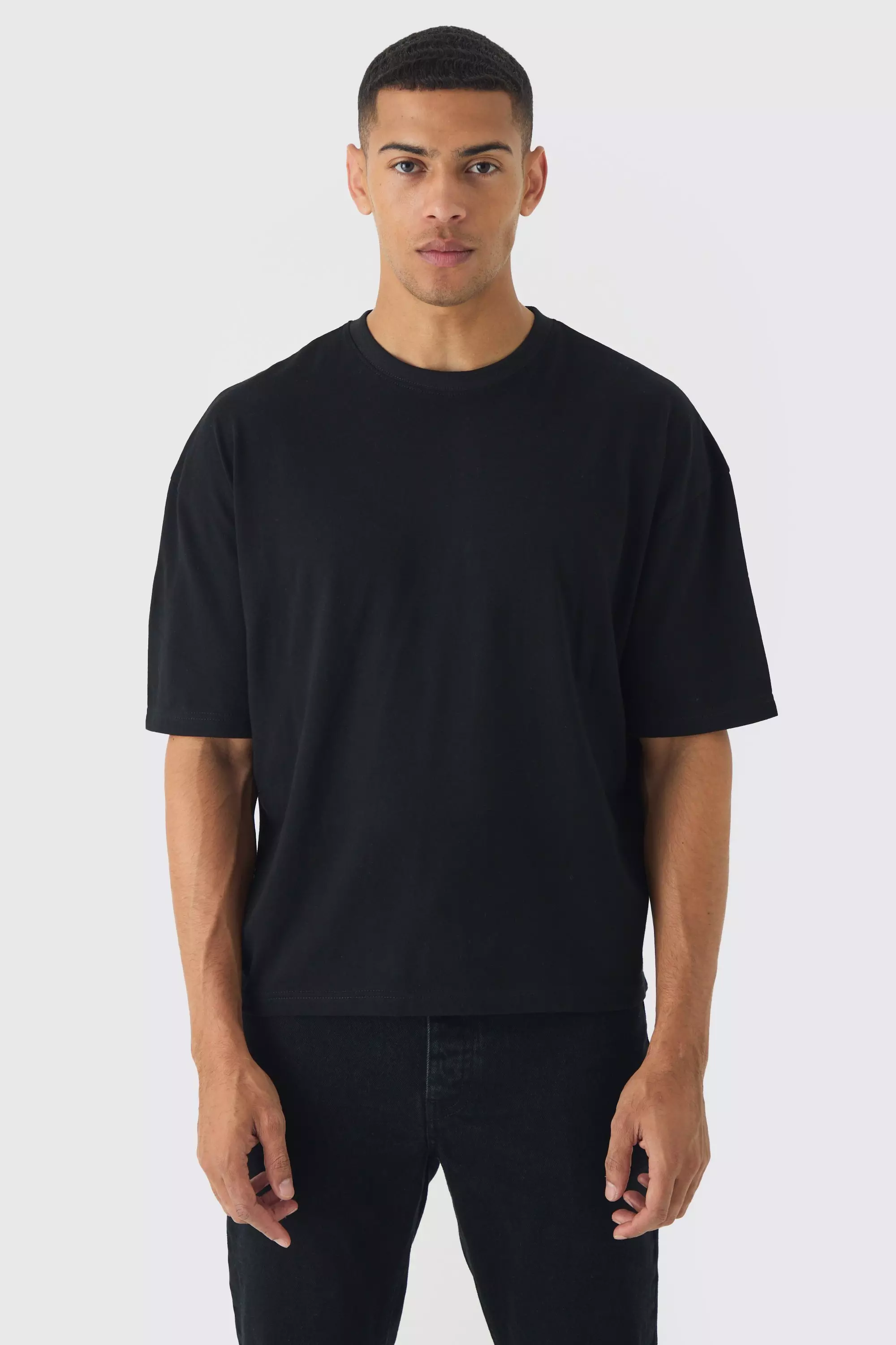 Black Basic Oversized Boxy Crew Neck T-shirt