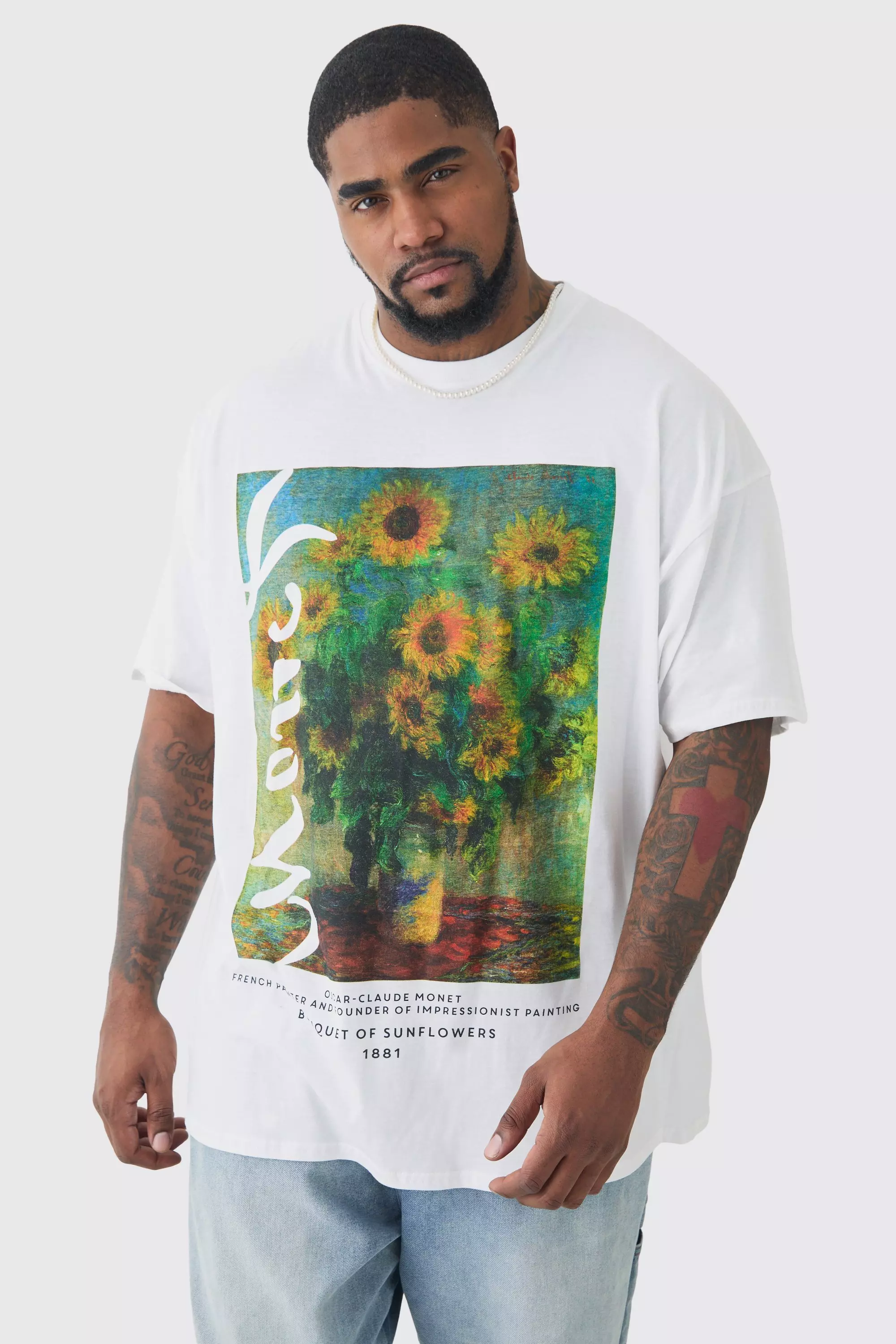 Plus Monet Sunflower Printed Licensed T-shirt In White White