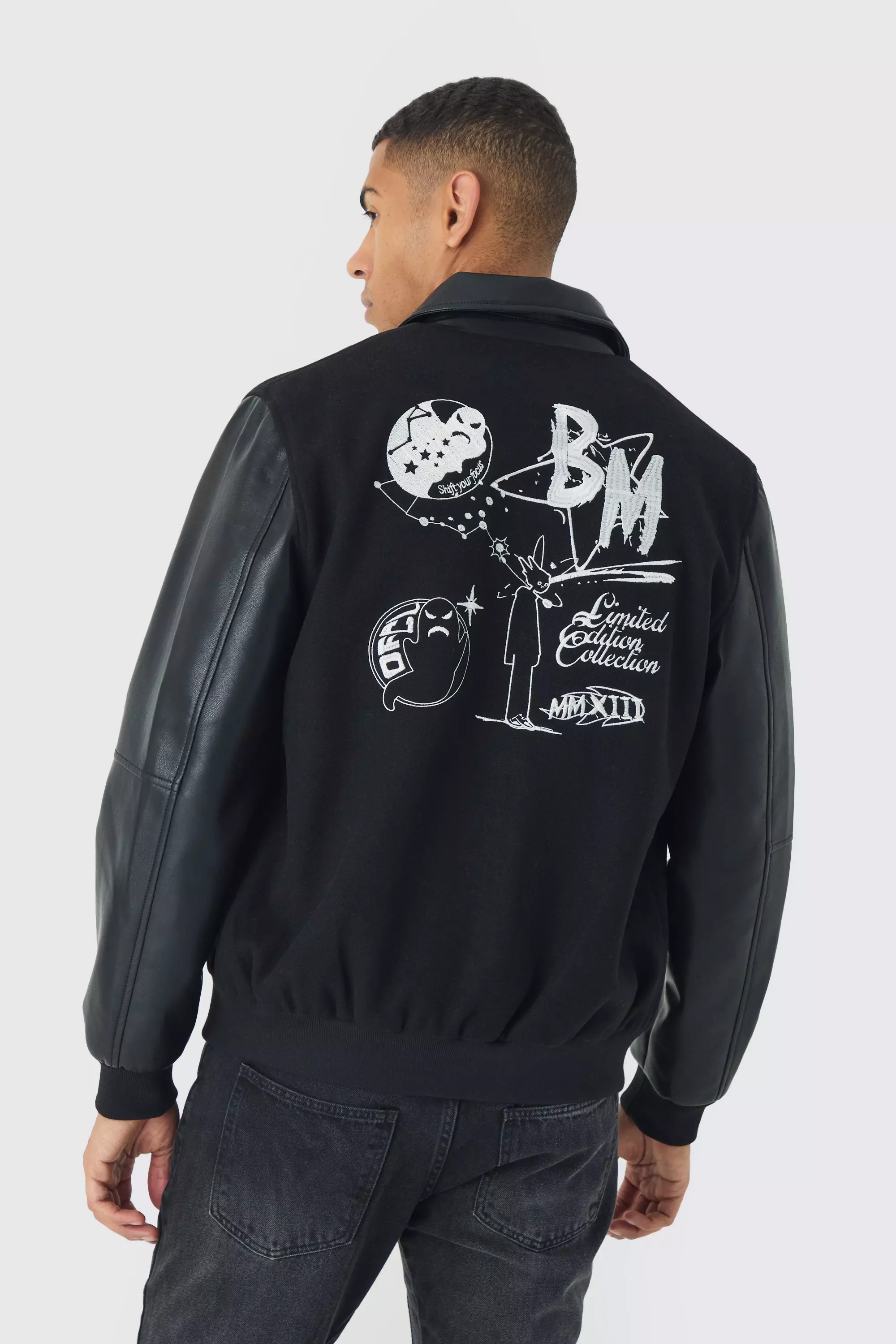 Astro Badge Collared Varsity Jacket In Black Black