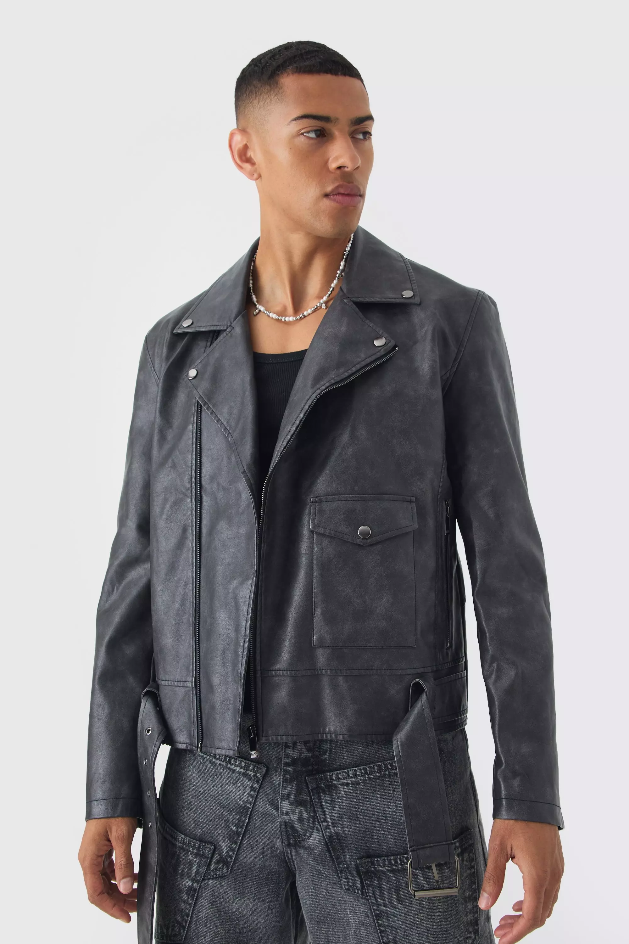 Washed PU Biker Jacket In Slate alternative image