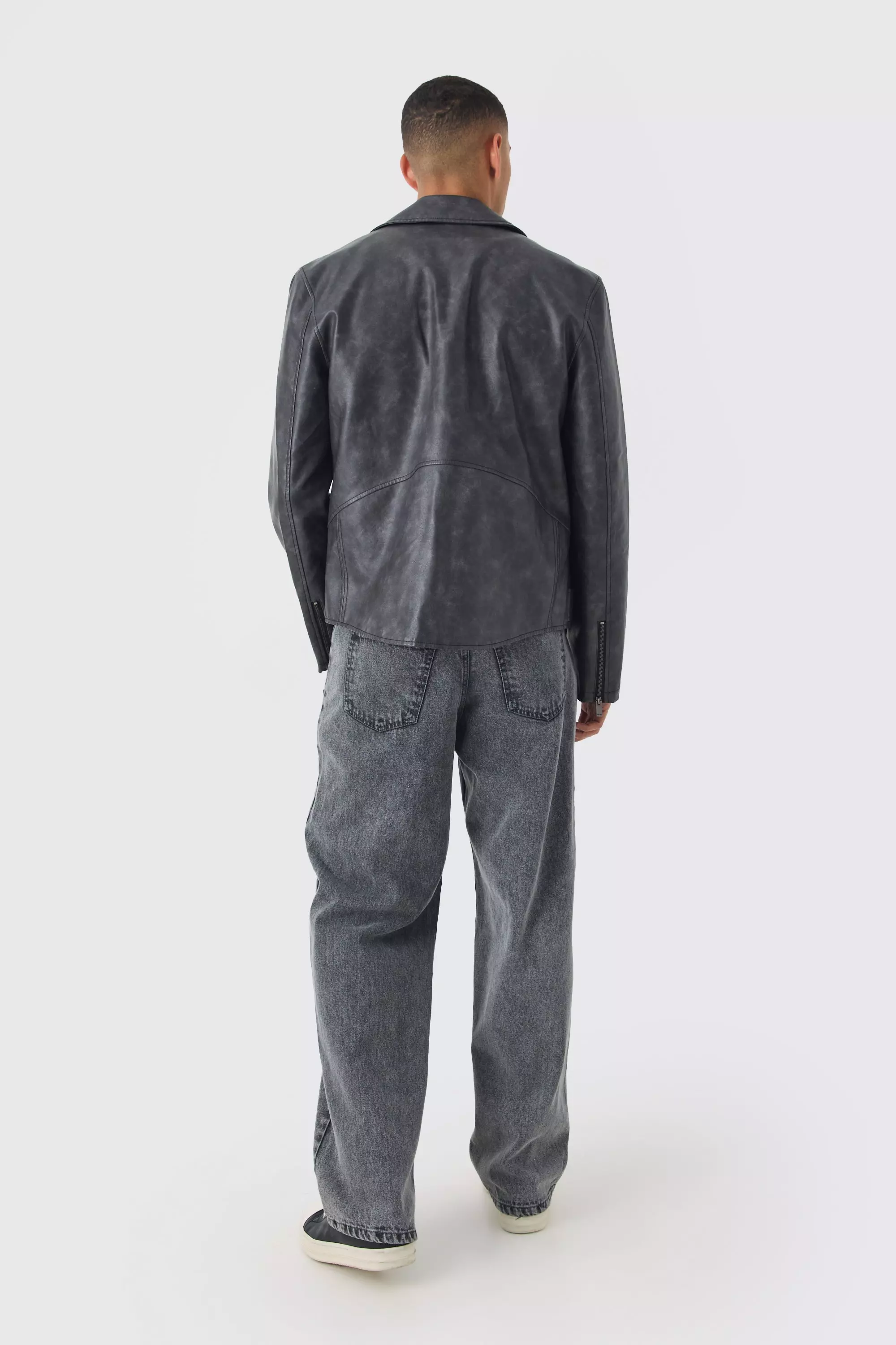 Washed PU Biker Jacket In Slate alternative image