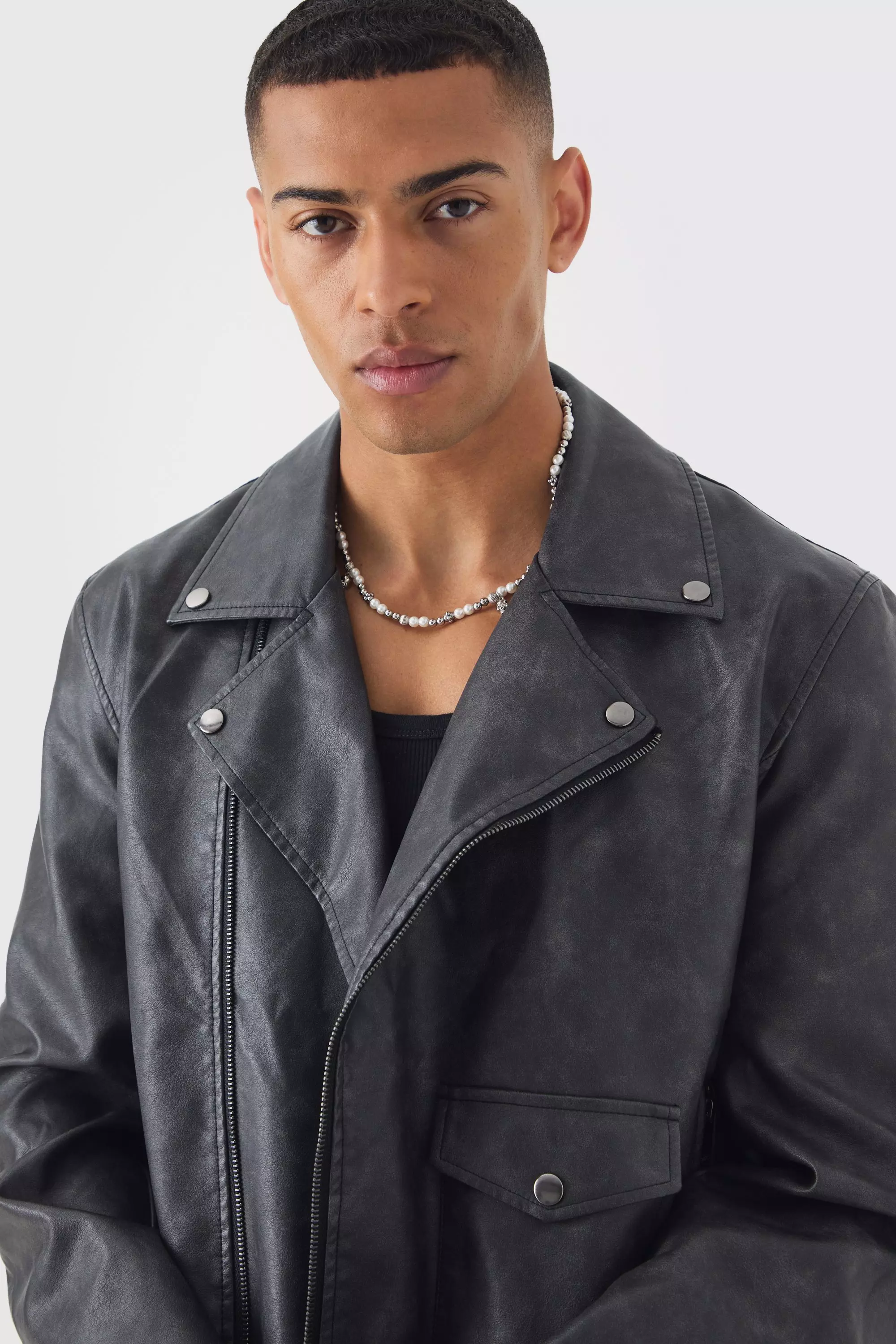Washed PU Biker Jacket In Slate alternative image