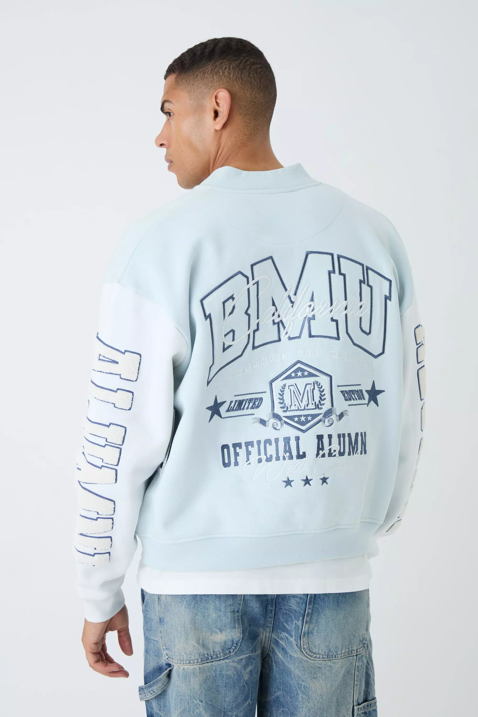 Oversized Boxy Varsity Applique Jersey Bomber Jacket Light blue