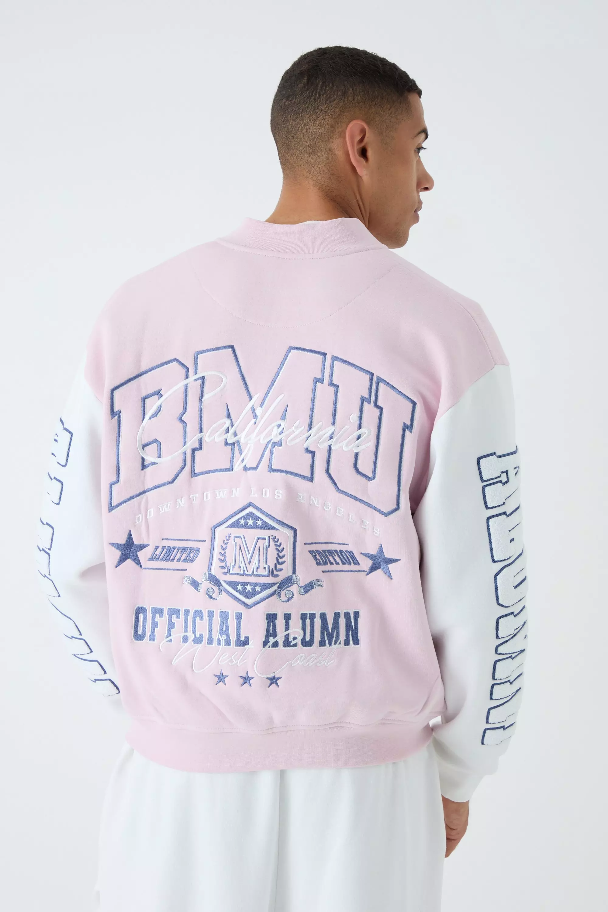 Oversized Boxy Varsity Applique Jersey Bomber Jacket Pink