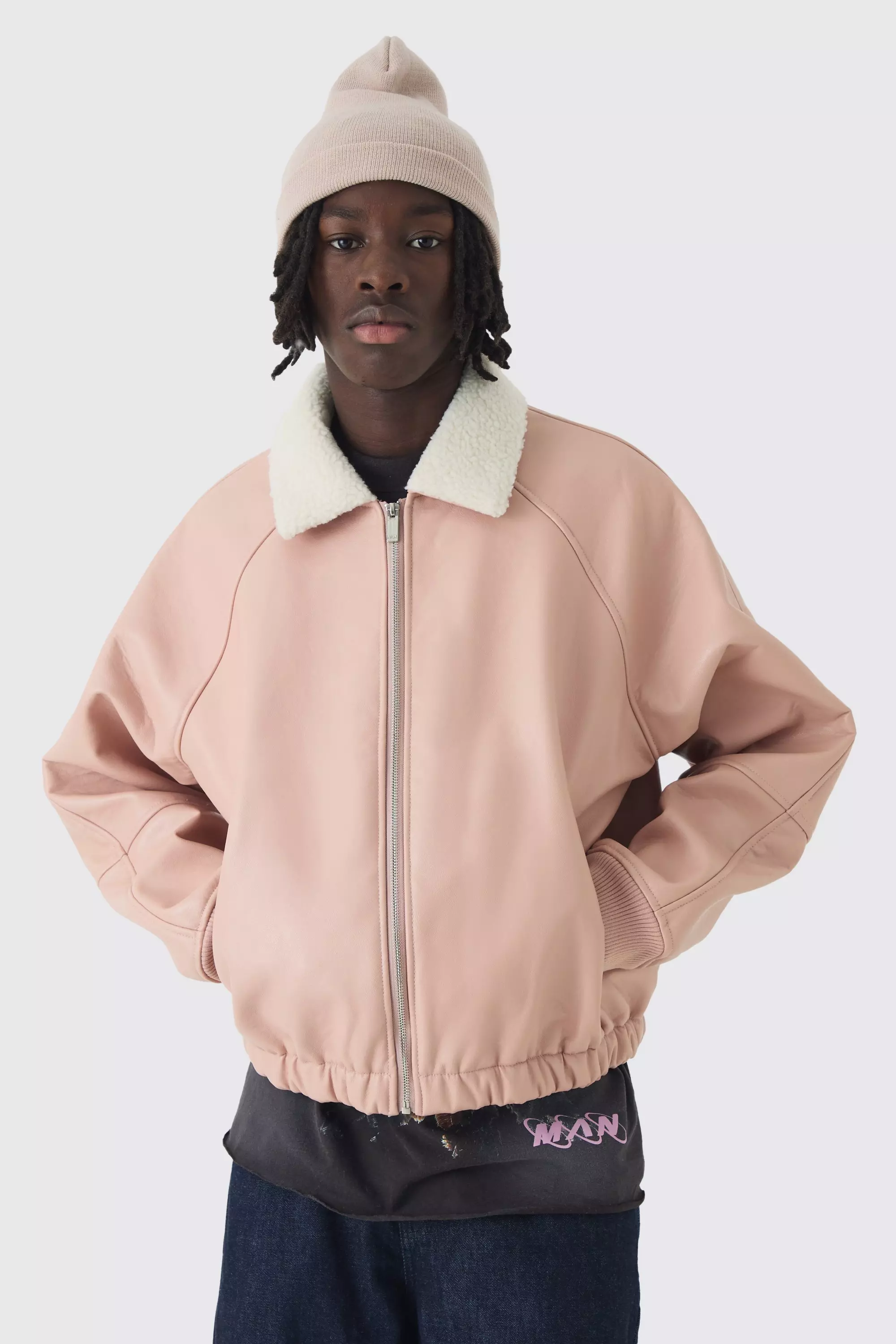 Oversized Boxy Official PU Flight Bomber Jacket Pink