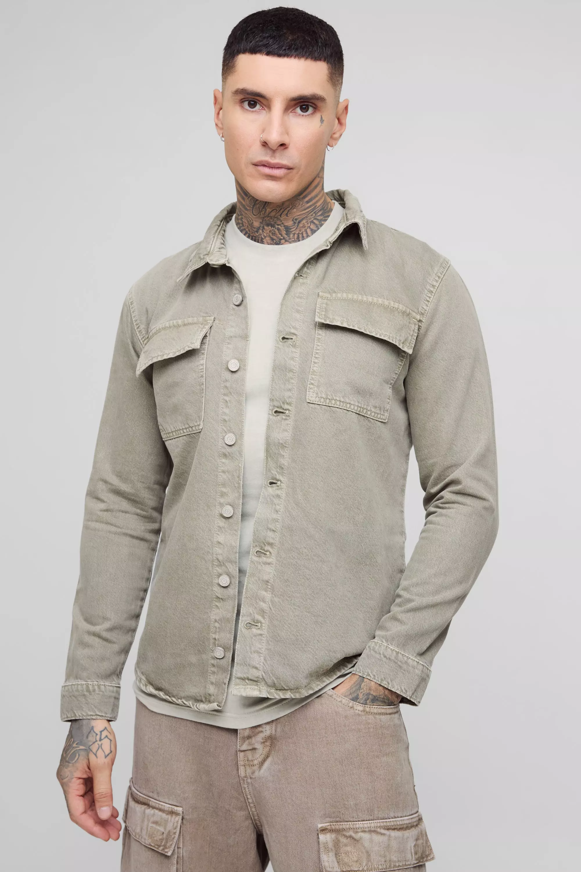 Tall Overdye Relaxed Fit Cargo Denim Overshirt Sage