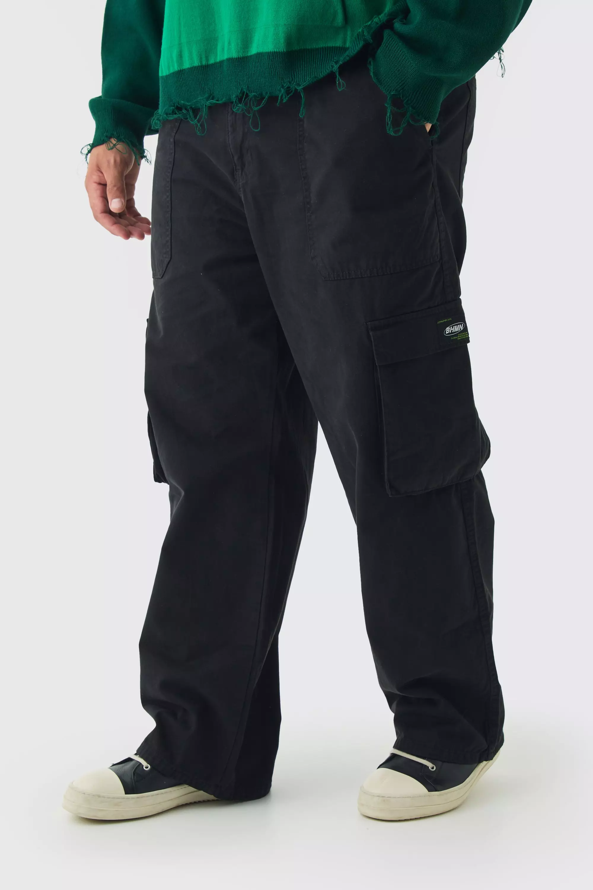 Black Plus Fixed Waist Branded Relaxed Fit Cargo Trousers