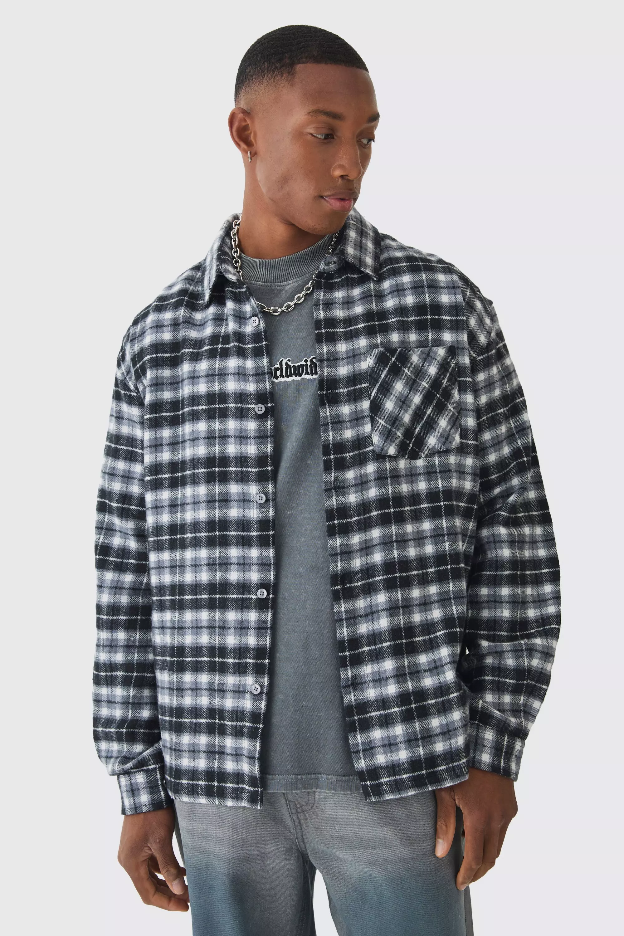 Black Oversized Long Sleeve Check Shirt alternative image