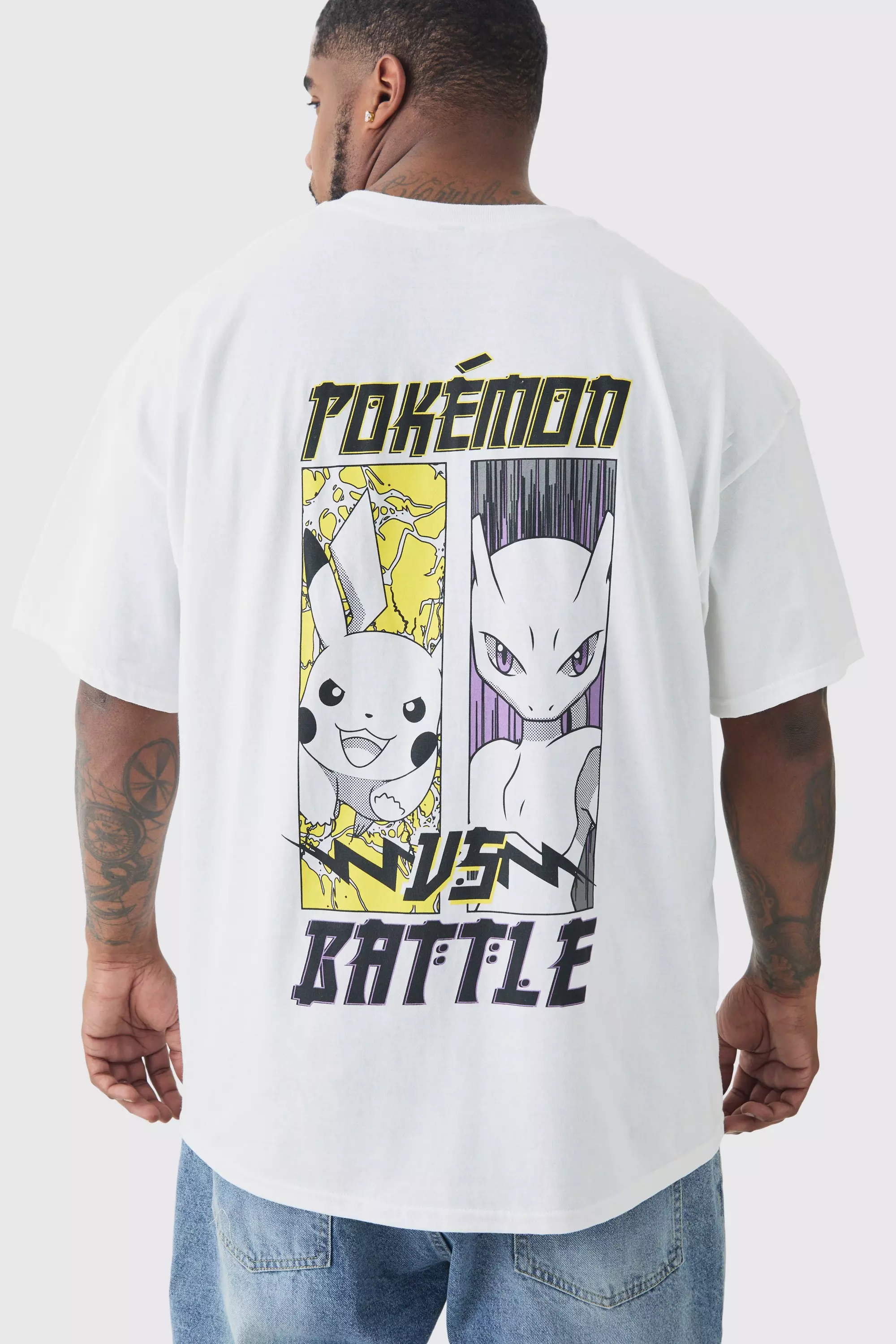 Plus Pokemon Battle Printed Licensed Back Print T-shirt In Ecru Black