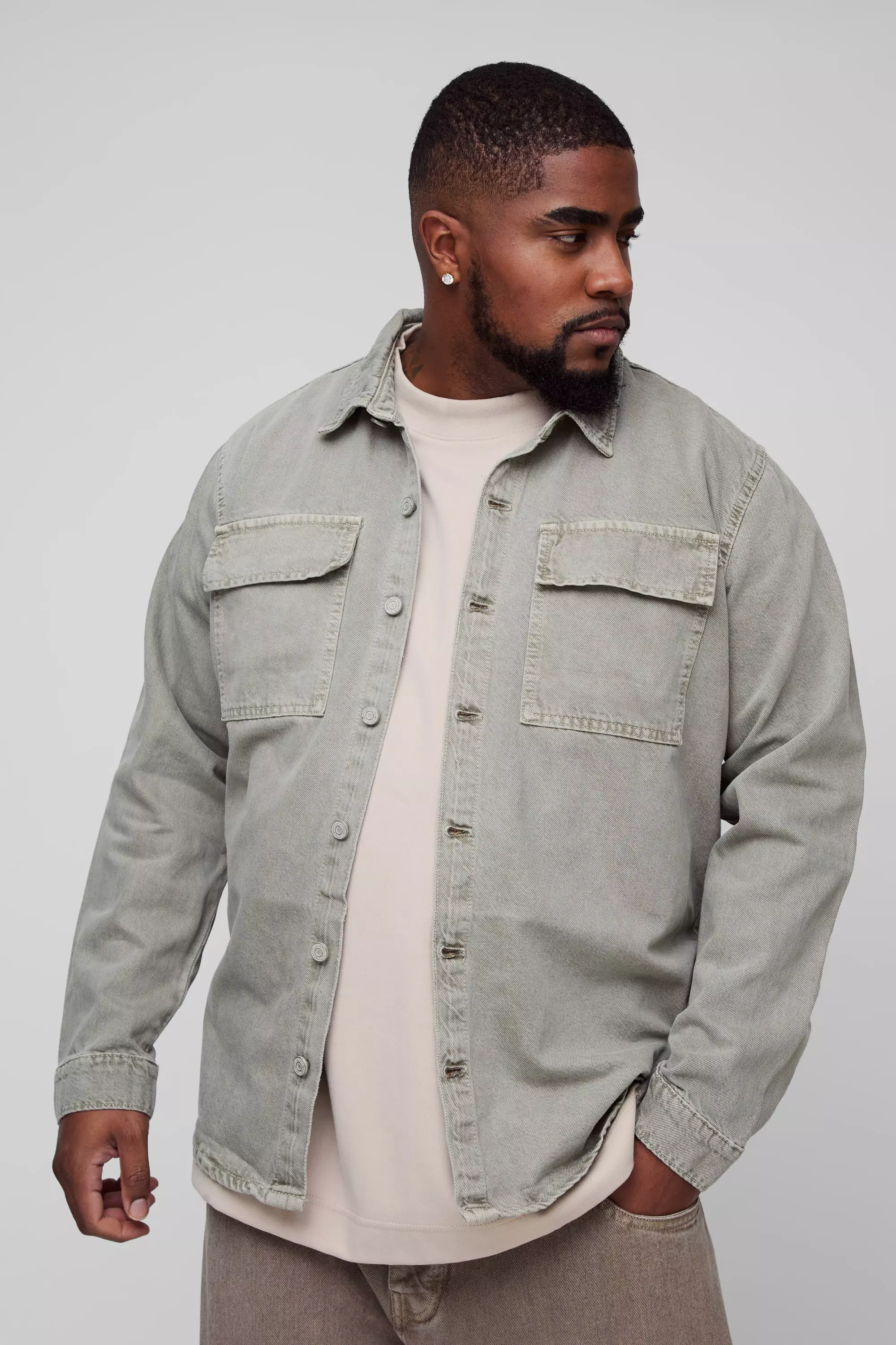 Plus Overdye Relaxed Fit Cargo Denim Overshirt Sage