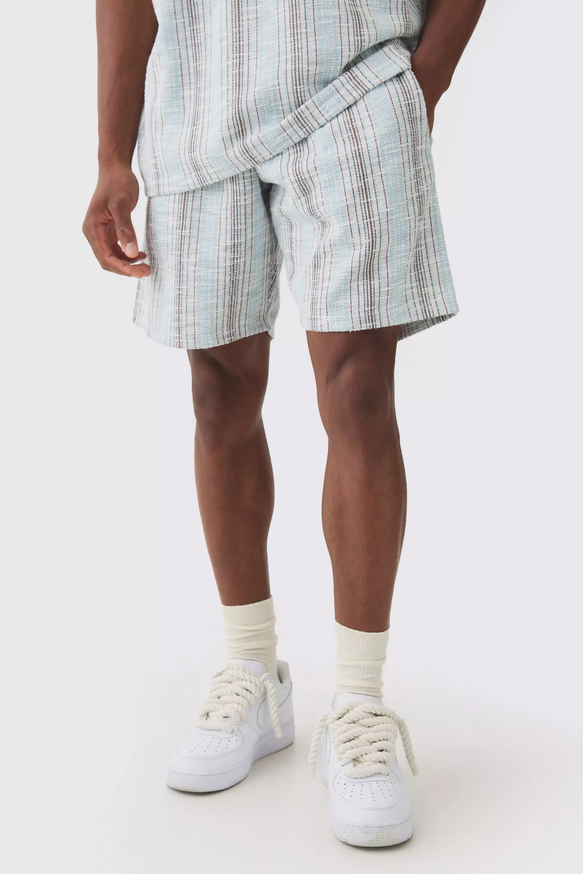 Relaxed Fit Mid Length Boucle Stripe Shorts Dusty blue