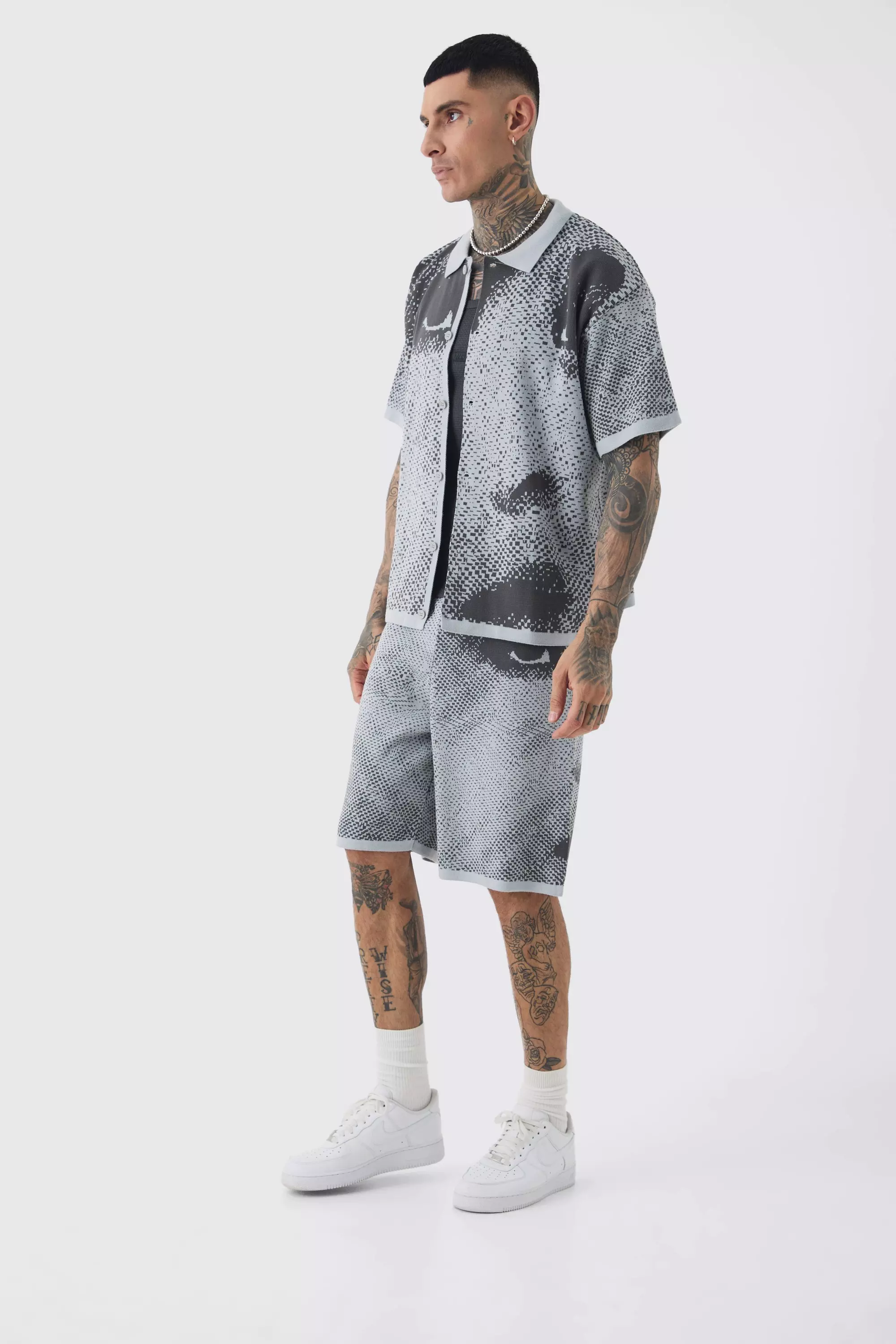 Tall Boxy Face Jacquard Knitted Shirt & Short Set Grey