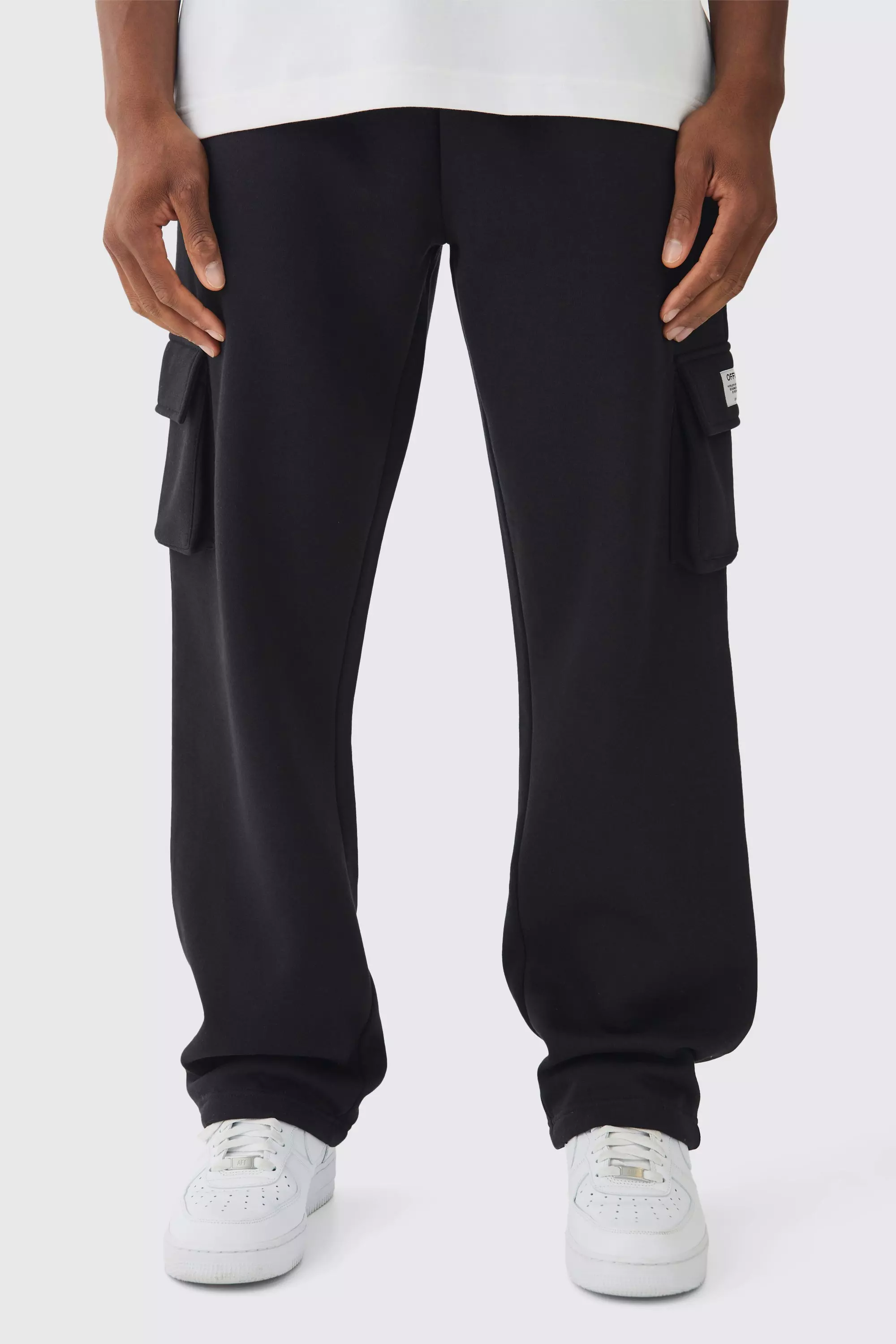 Black Straight Fit Woven Tab Basic Cargo Sweatpants alternative image