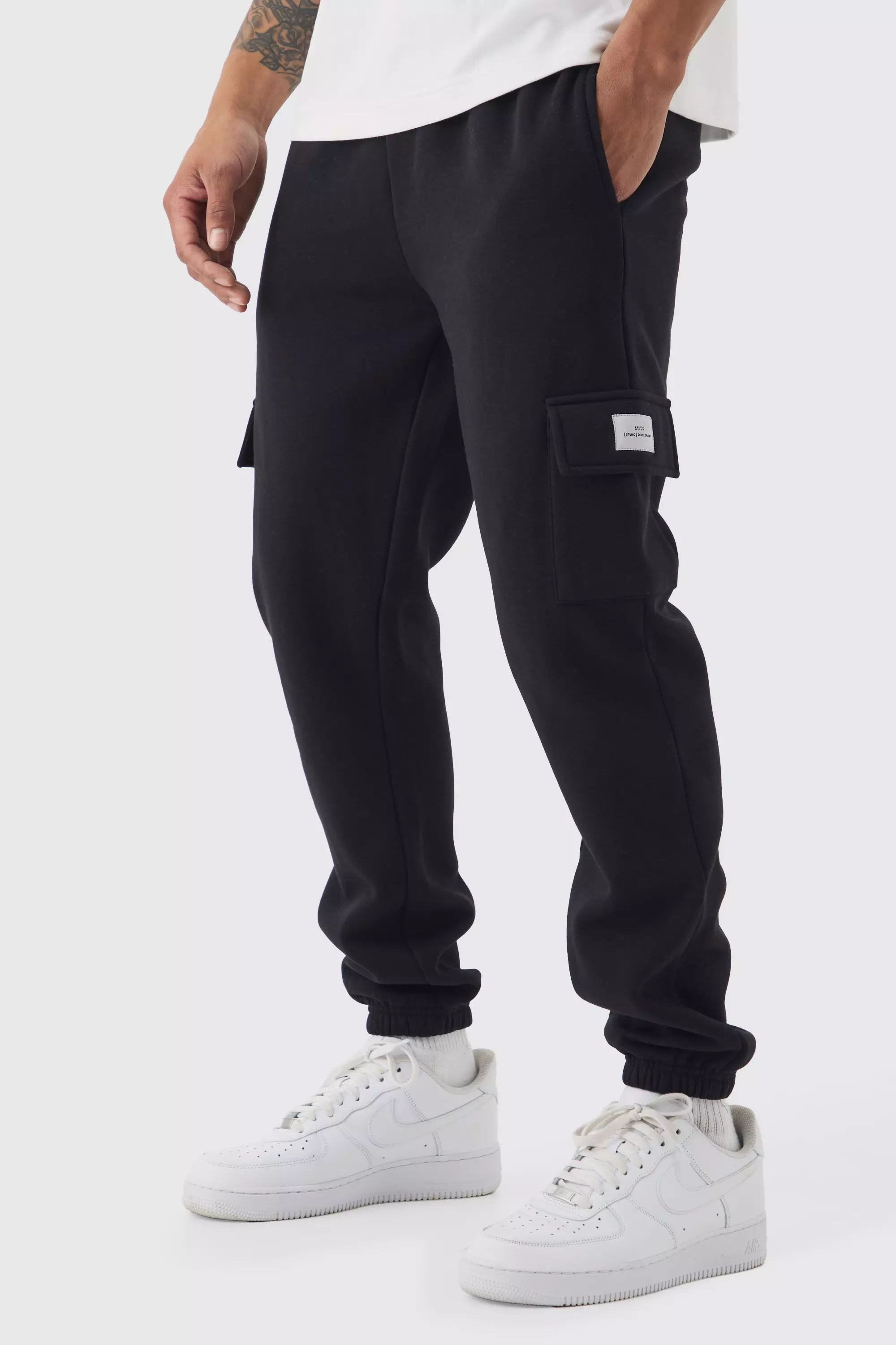 Black Slim Fit Woven Tab Basic Cargo Sweatpants