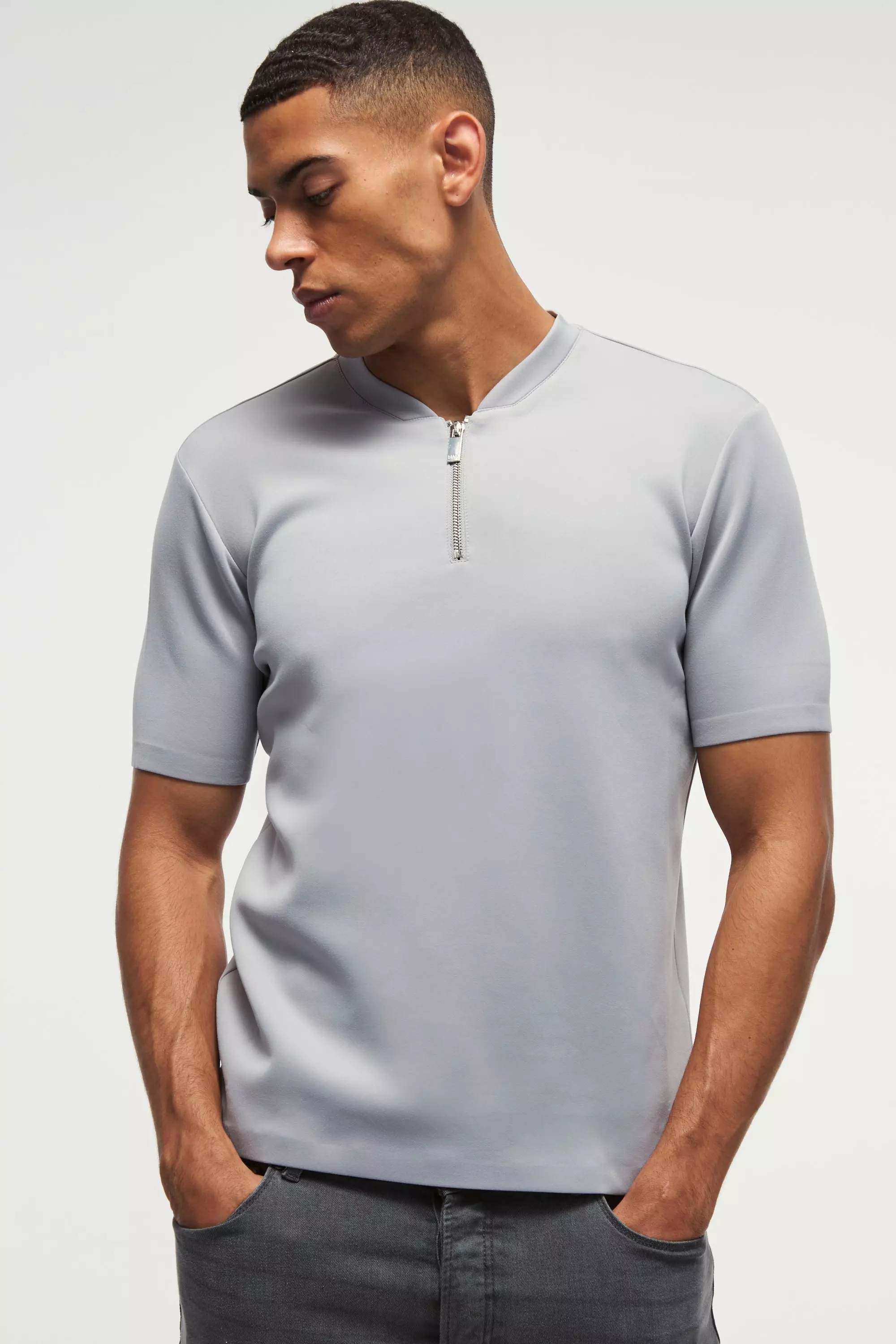 Grey Regular Fit V-neck Zip Premium Scuba Polo