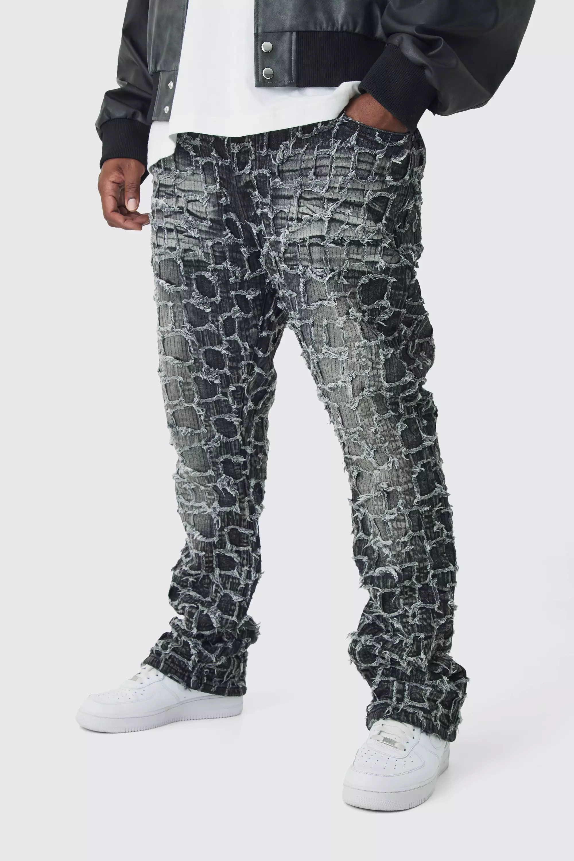 Plus Extreme Patchwork Double Layered Flared Jeans Washed black