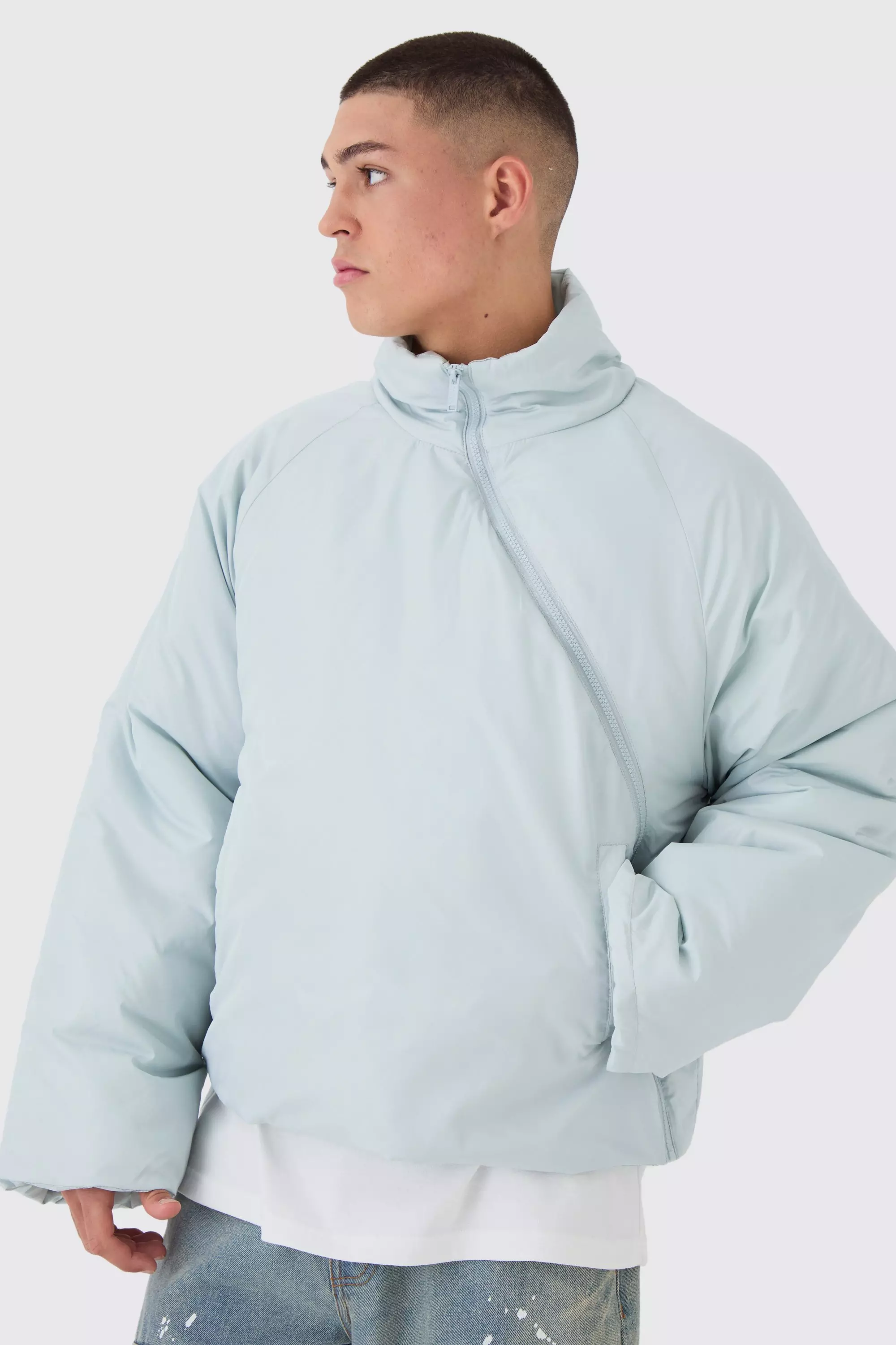 Light blue Gewatteerde Gewatteerde Jas Met Ronde Rits In Blauw alternatieve afbeelding