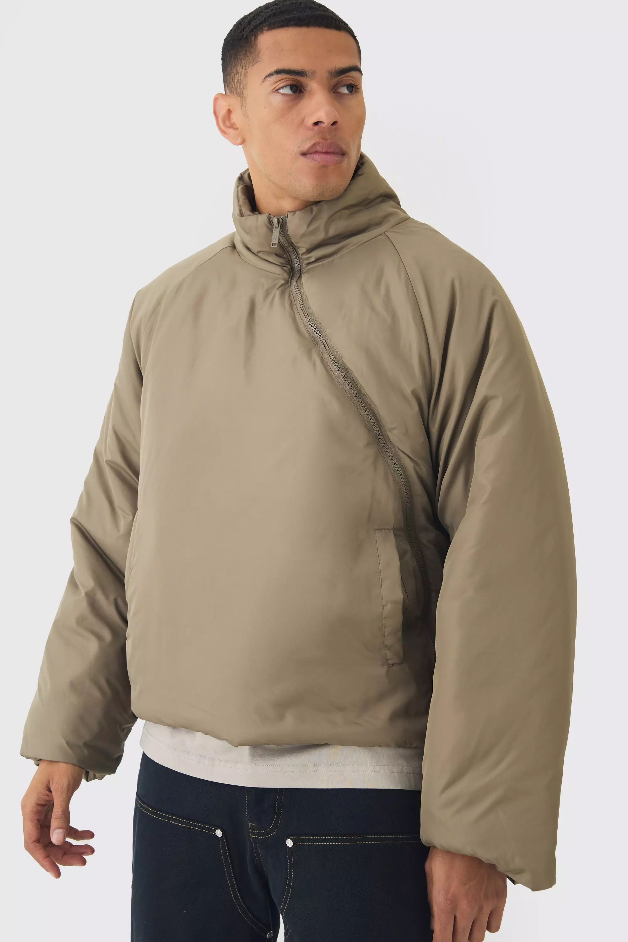 Curved Zip Padded Puffer Coat In Stone alternative image