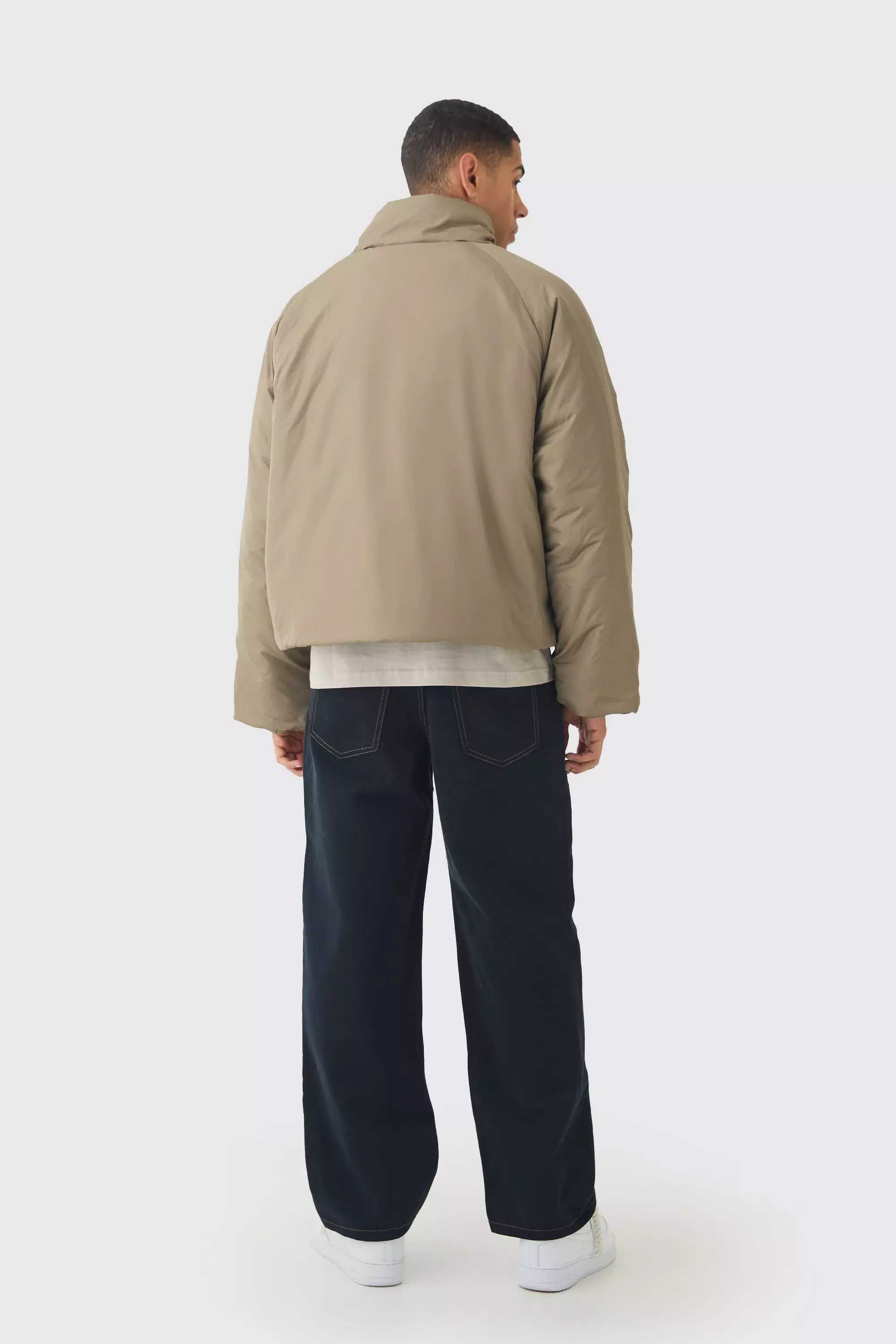 Curved Zip Padded Puffer Coat In Stone alternative image