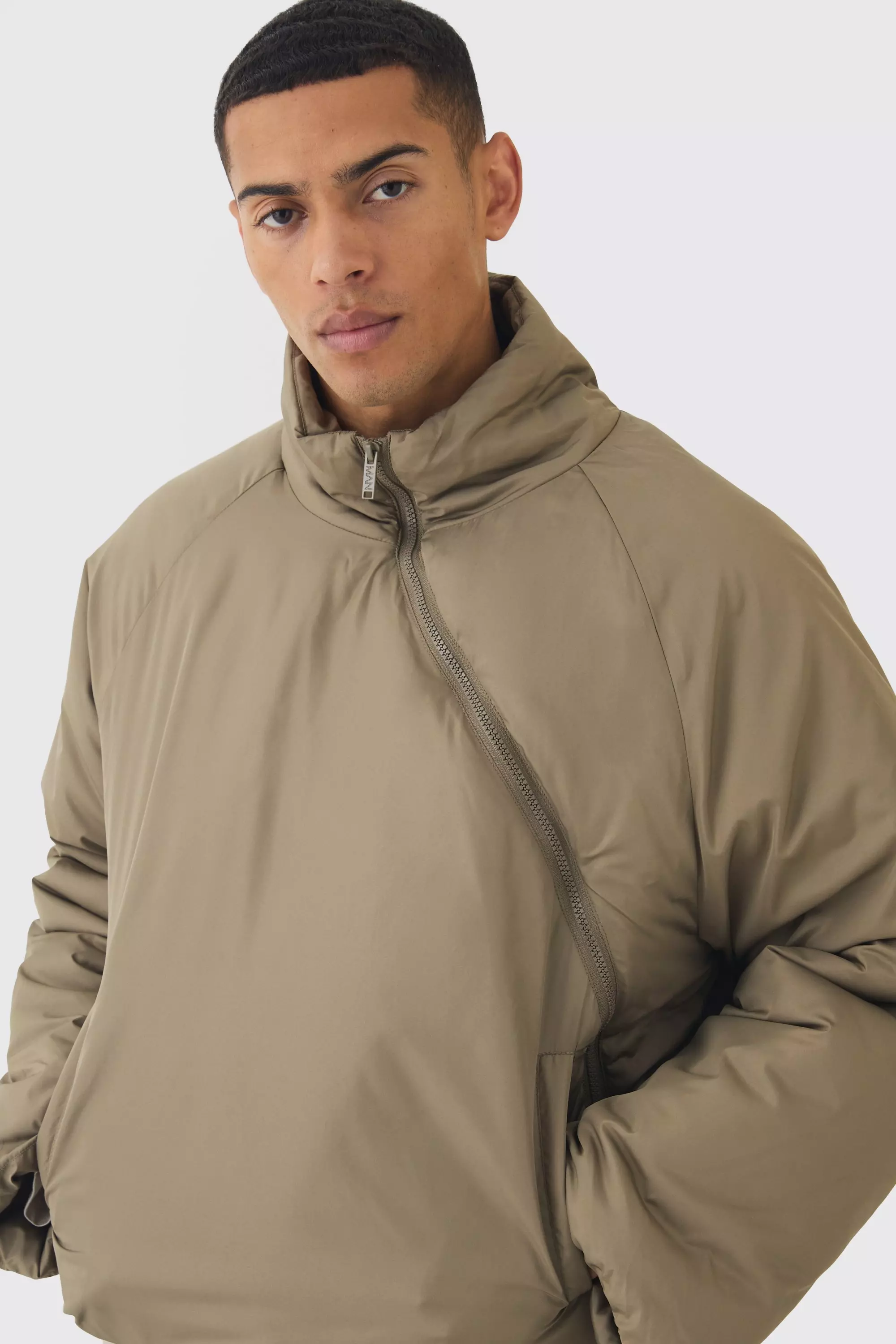 Curved Zip Padded Puffer Coat In Stone alternative image