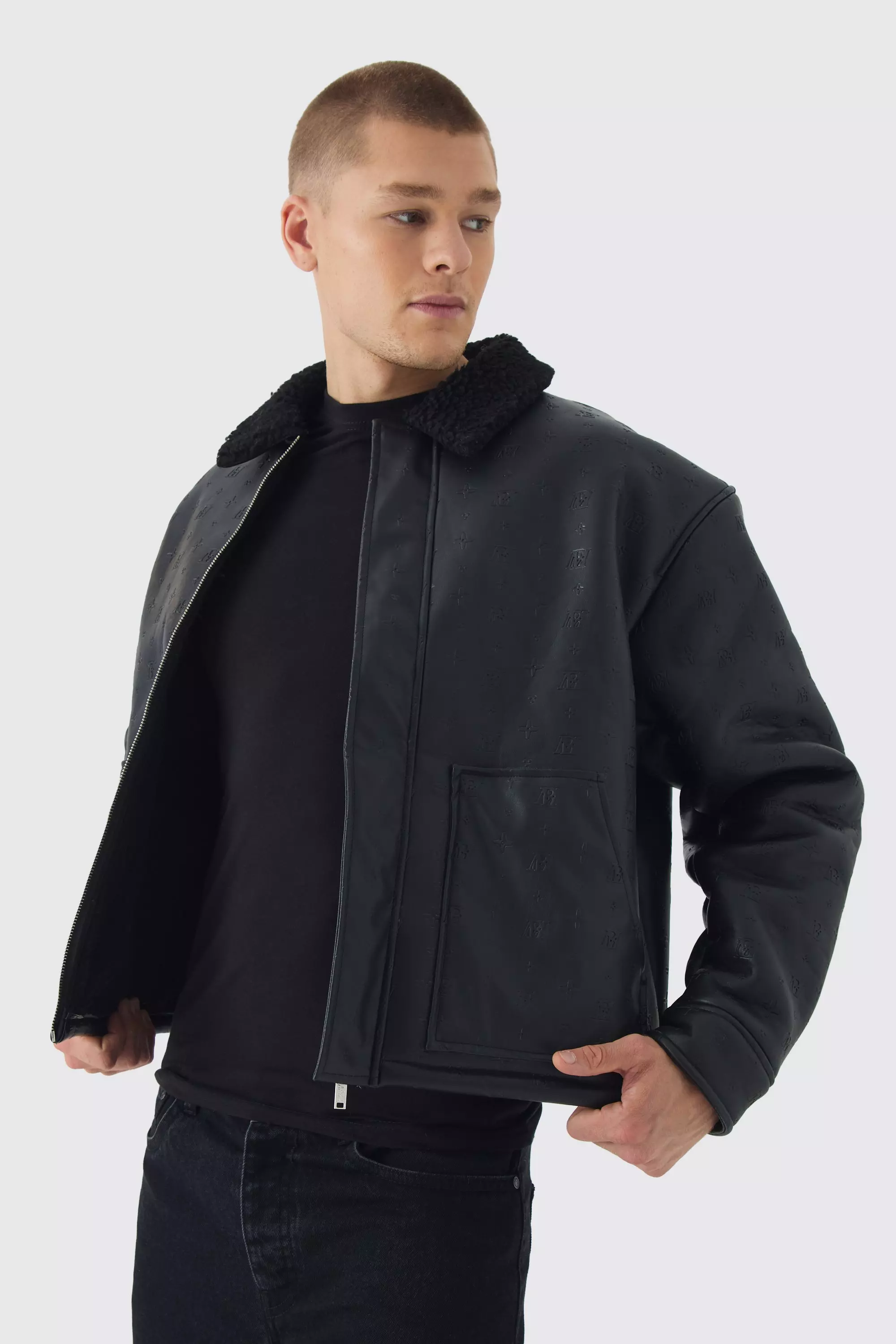 Bm Embossed Borg Collar Harrington Jacket In Black alternative image