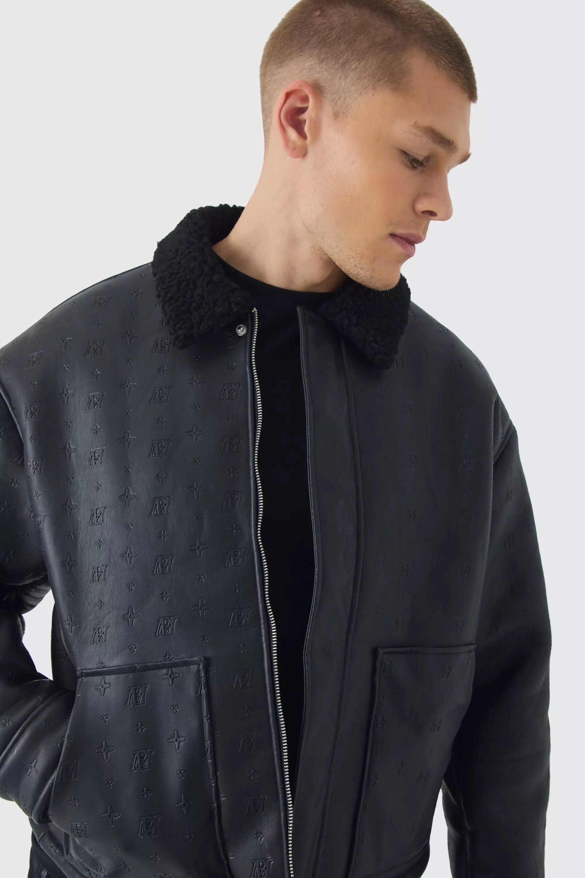 Bm Embossed Borg Collar Harrington Jacket In Black alternative image