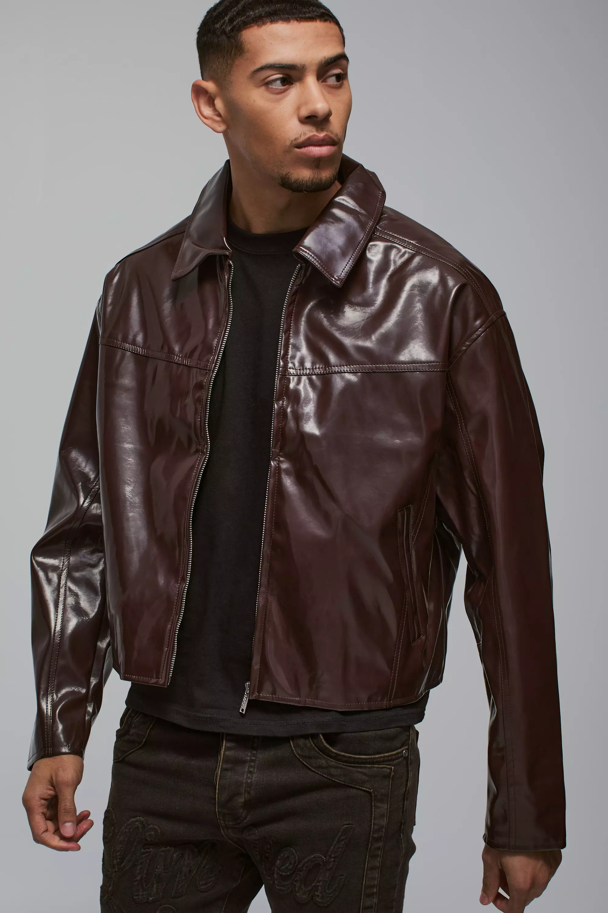 Boxy Vinyl PU Harrington Jacket In Burgundy alternative image