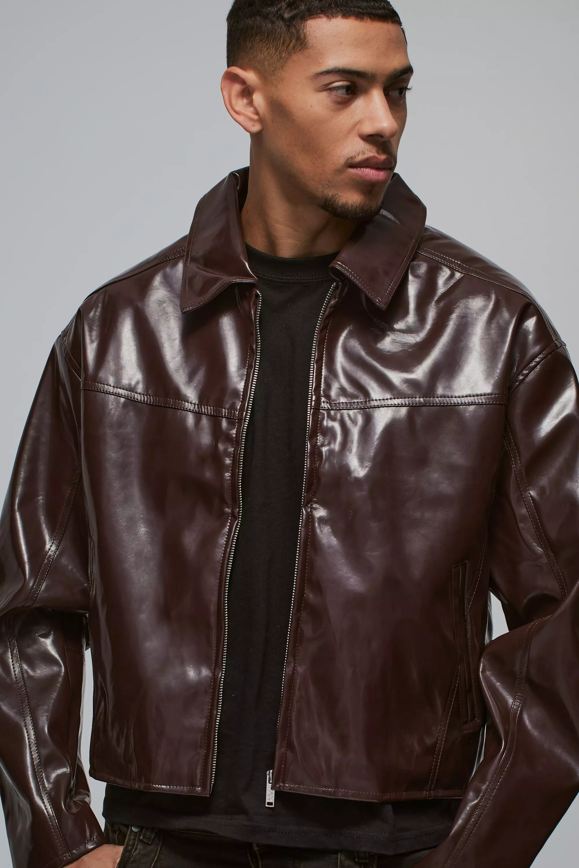 Boxy Vinyl PU Harrington Jacket In Burgundy alternative image