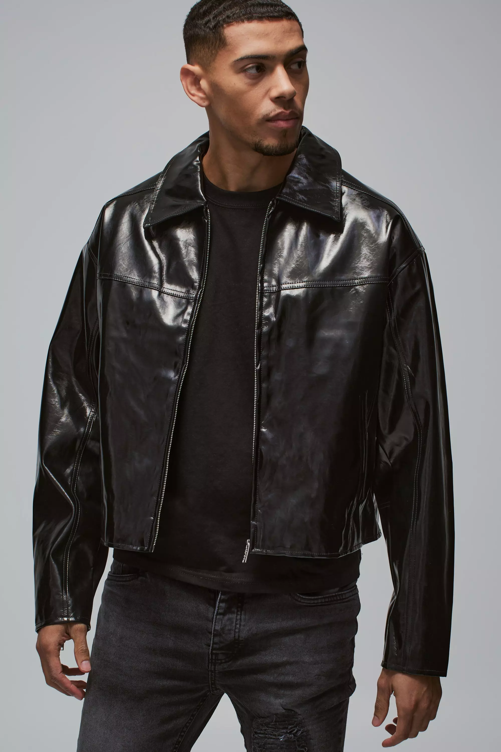 Boxy Vinyl PU Harrington Jacket In Black alternative image