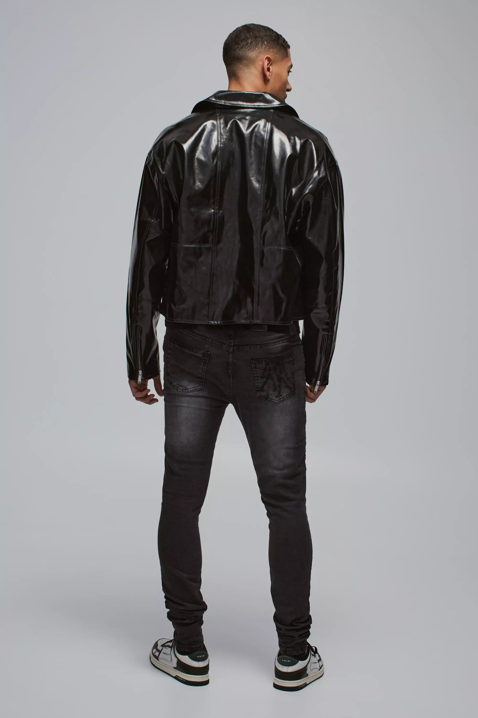 Boxy Vinyl PU Harrington Jacket In Black alternative image
