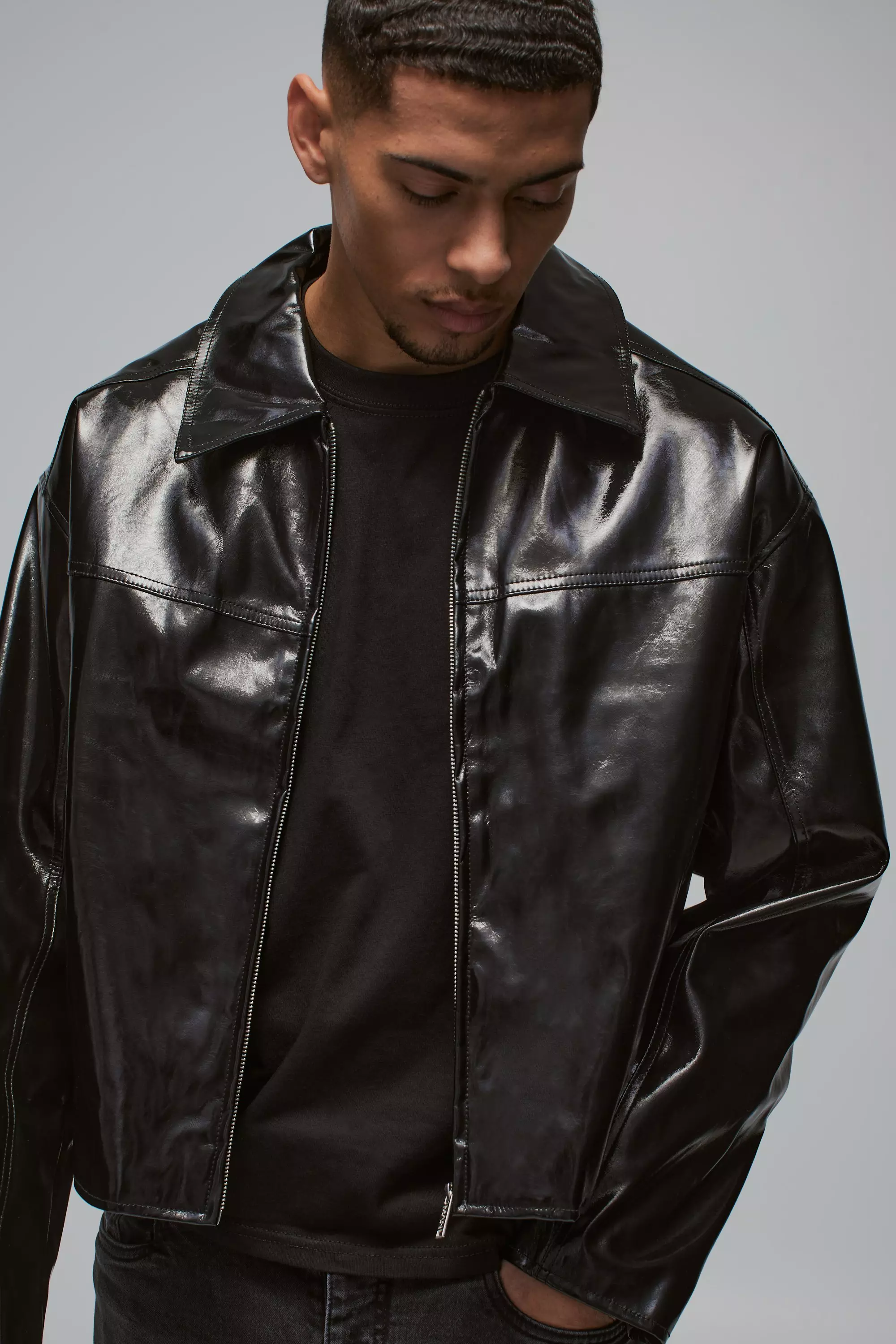 Boxy Vinyl PU Harrington Jacket In Black alternative image