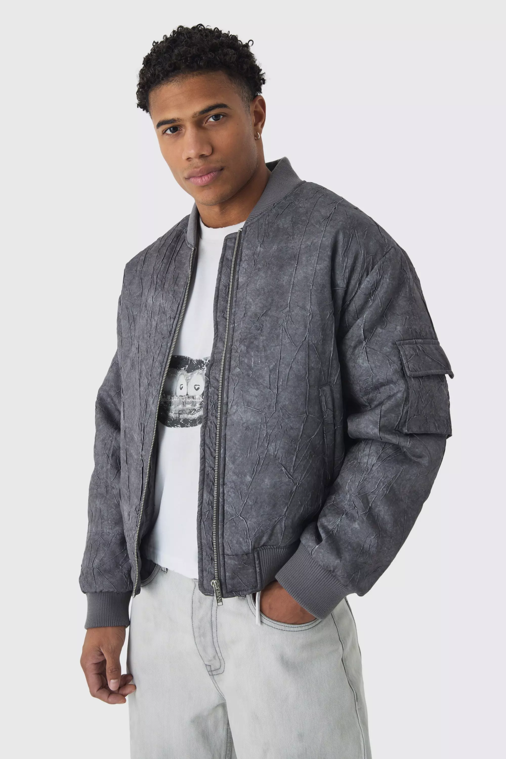 Boxy Crinkle Washed Padded Bomber Jacket In Grey alternative image