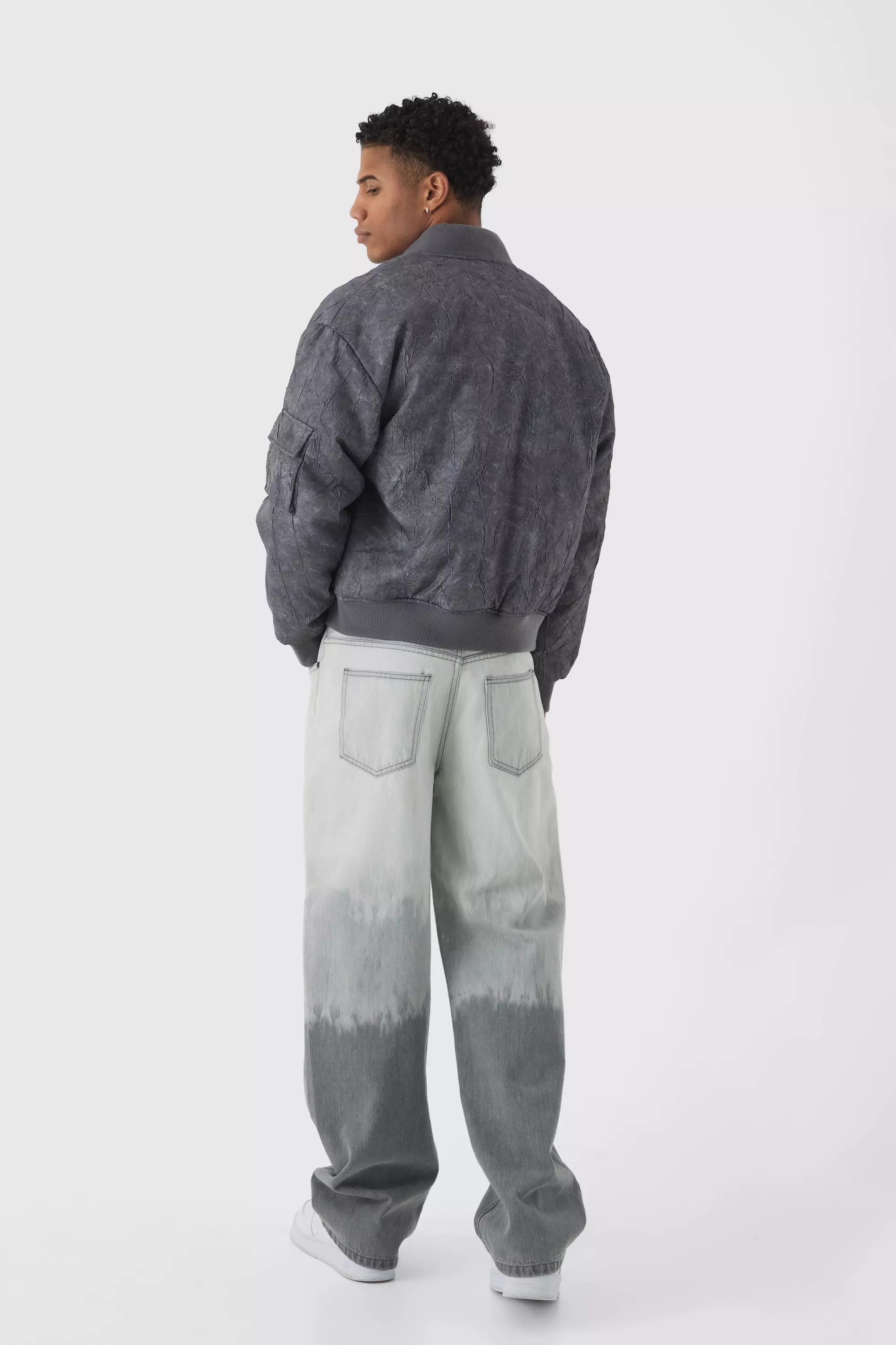 Boxy Crinkle Washed Padded Bomber Jacket In Grey alternative image