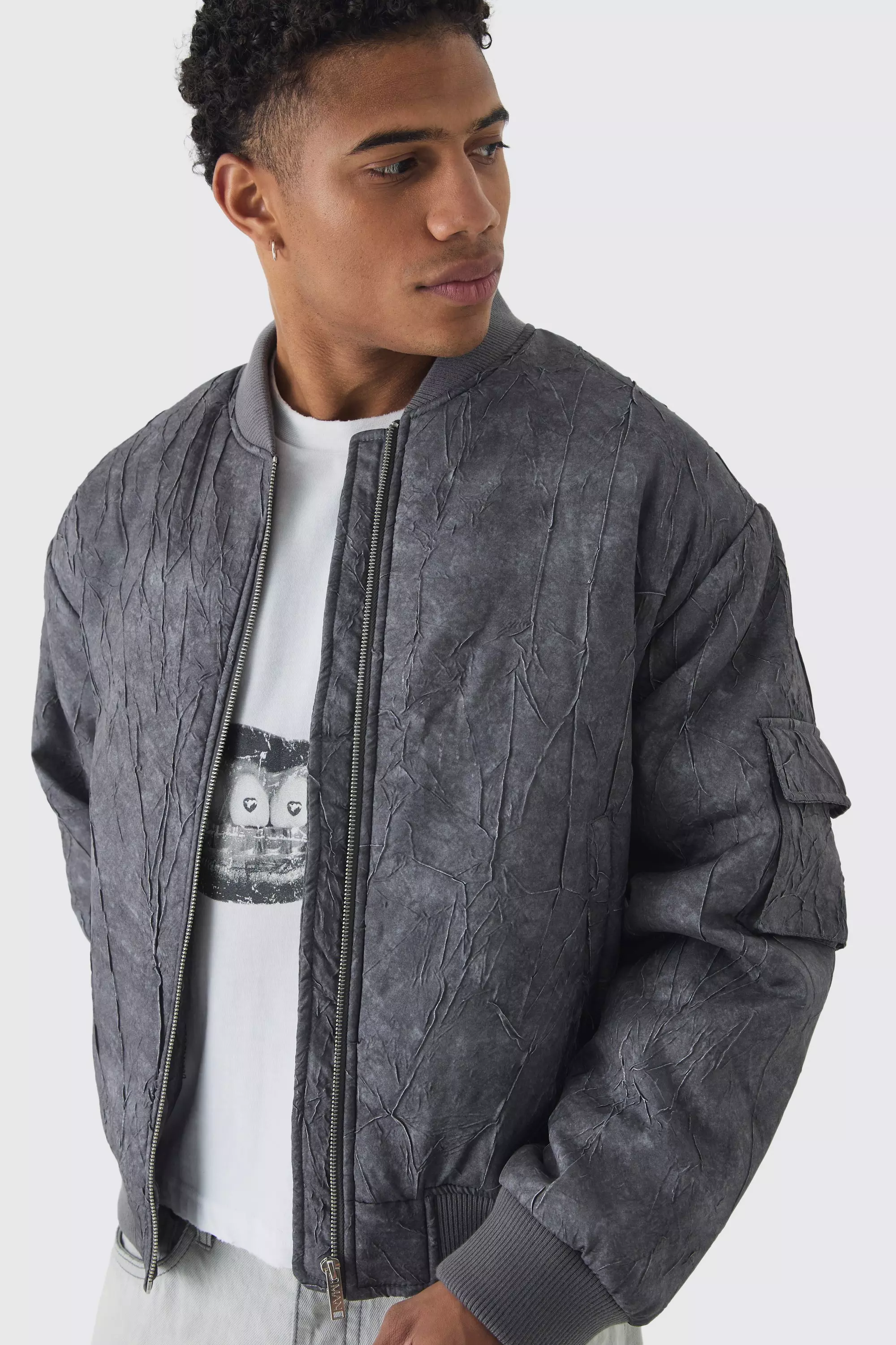 Boxy Crinkle Washed Padded Bomber Jacket In Grey alternative image
