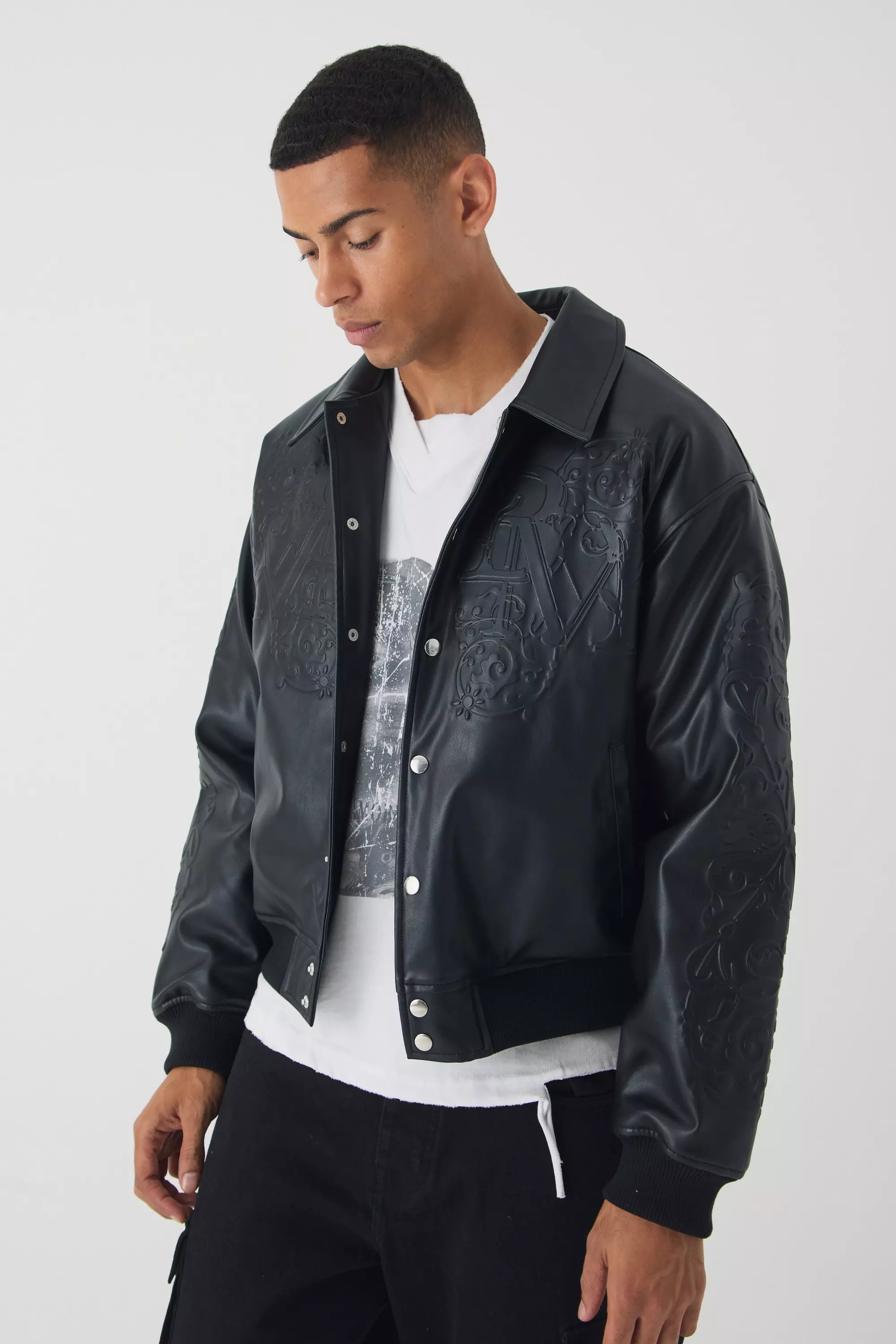 Boxy Homme Embossed Pu Bomber Jacket In Black alternative image