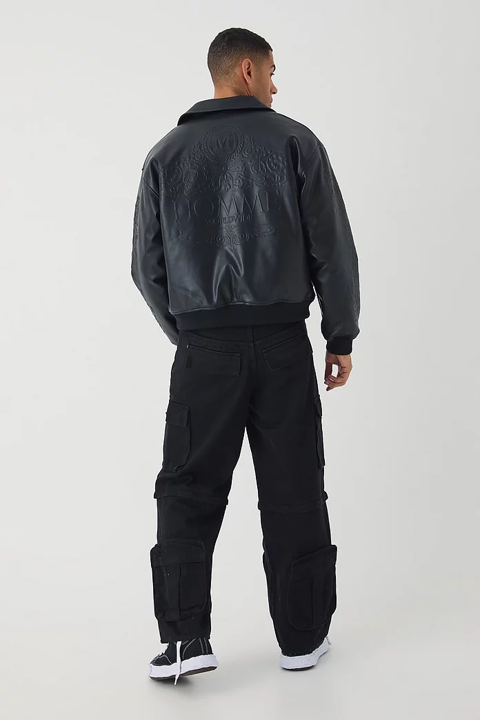 Boxy Homme Embossed Pu Bomber Jacket In Black | boohooMAN USA Boxy Homme Embossed Pu Bomber Jacket In Black | boohooMAN USA