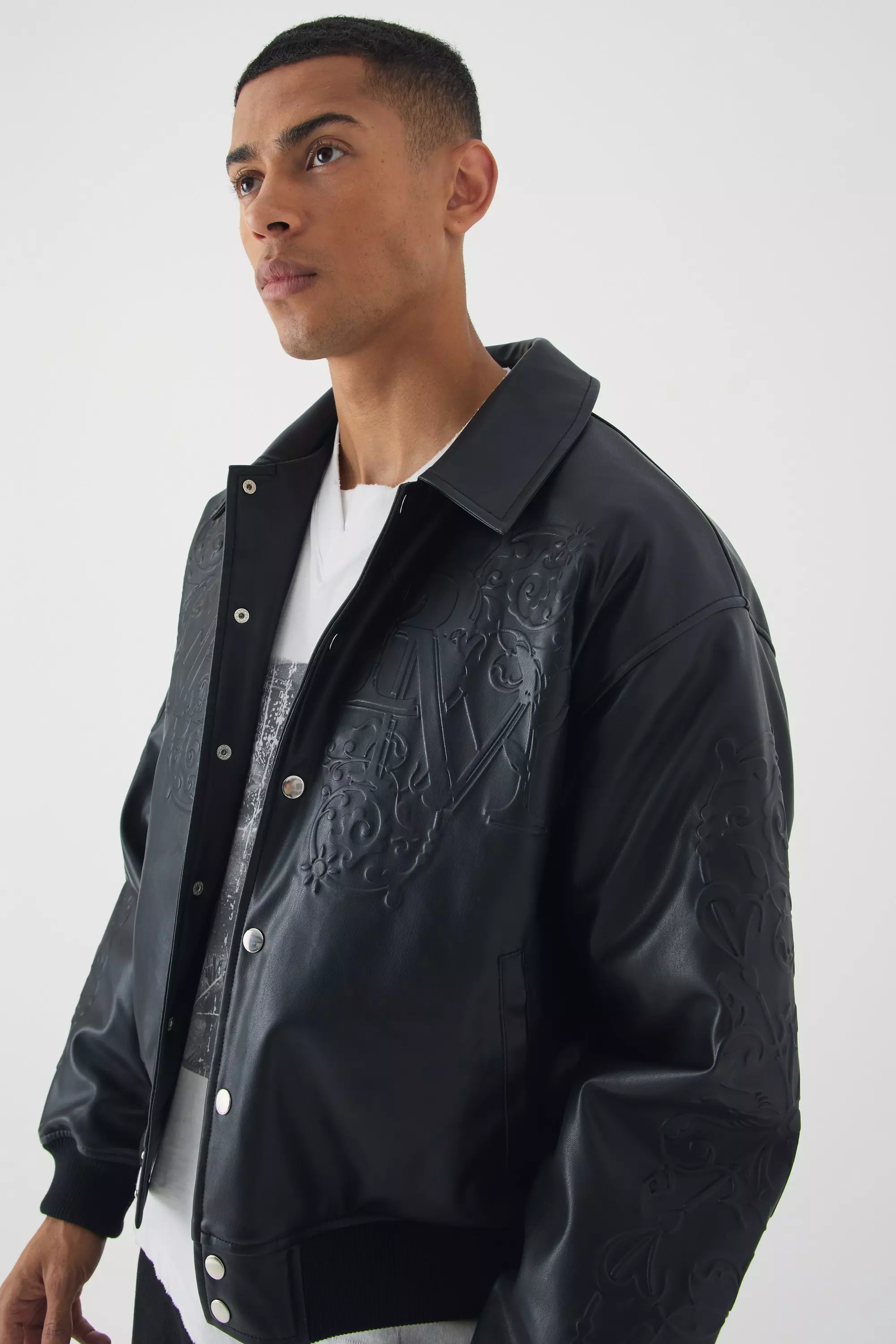 Boxy Homme Embossed Pu Bomber Jacket In Black alternative image